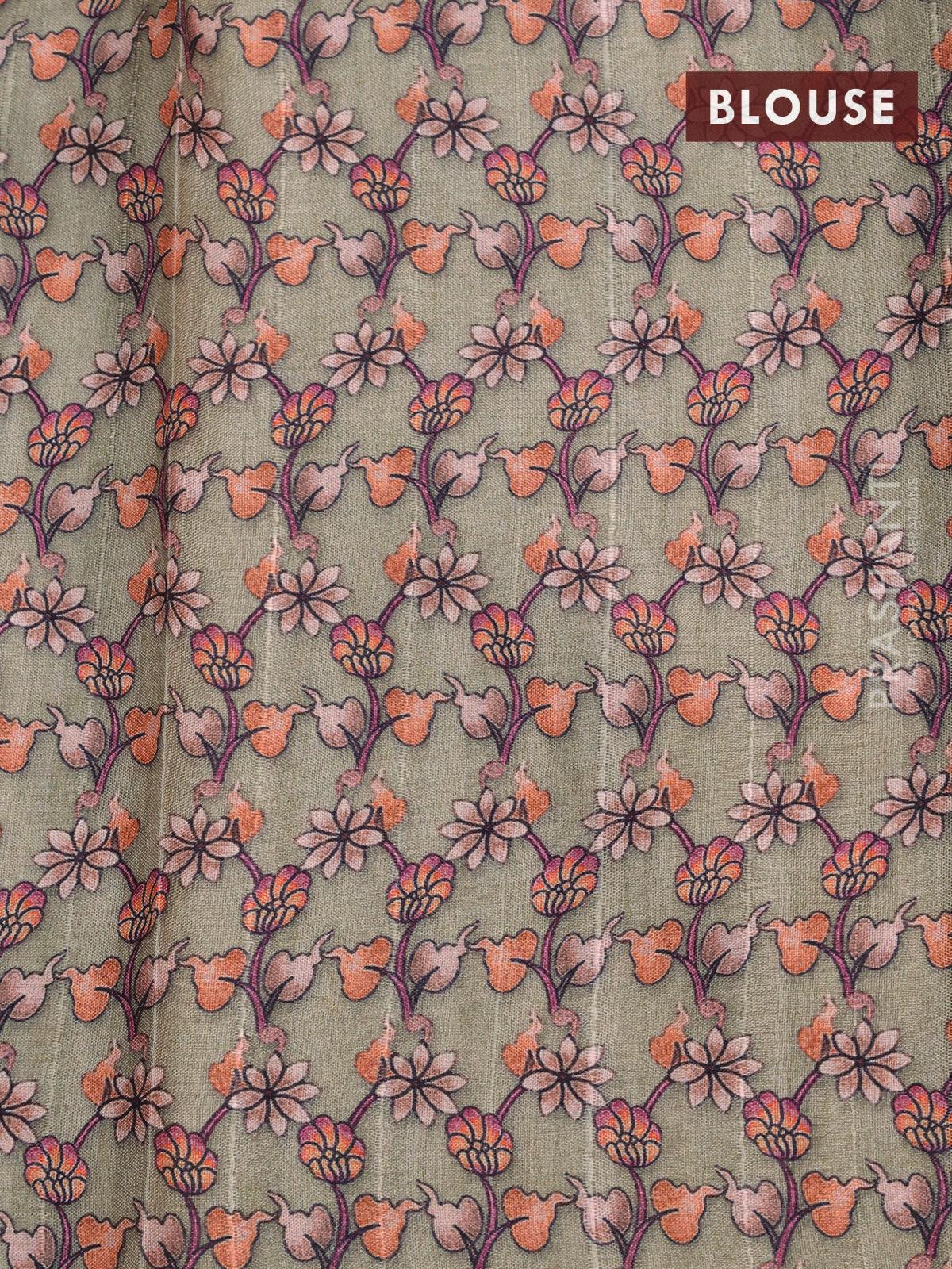 Semi tussar saree beige with allover leaf & floral embroidery sequin work and digital printed border - Image 7