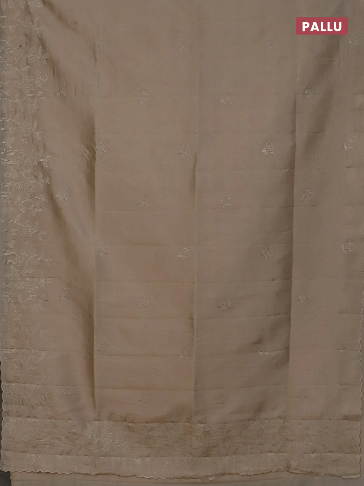 Semi tussar saree beige with floral embroidery work and applique work border - Image 3