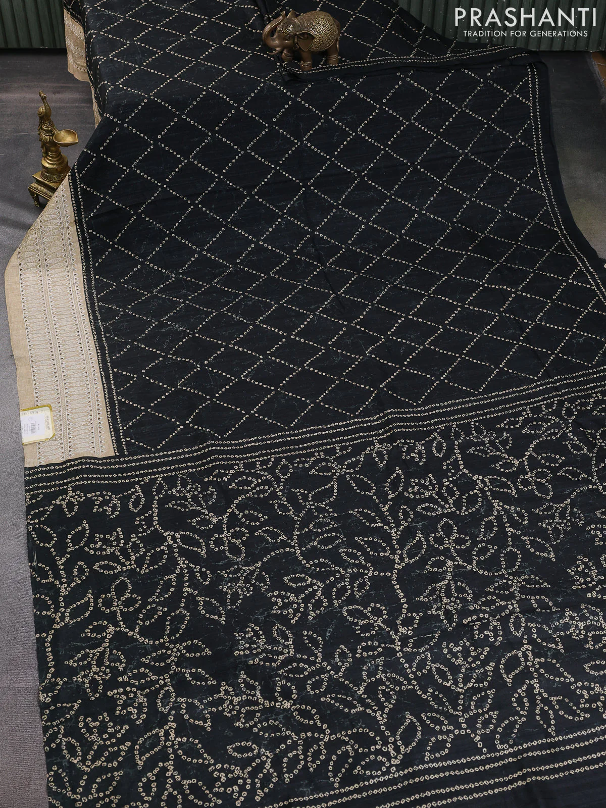 Semi tussar saree black and beige with allover bandhani prints and embroidery cut work border - Image 2