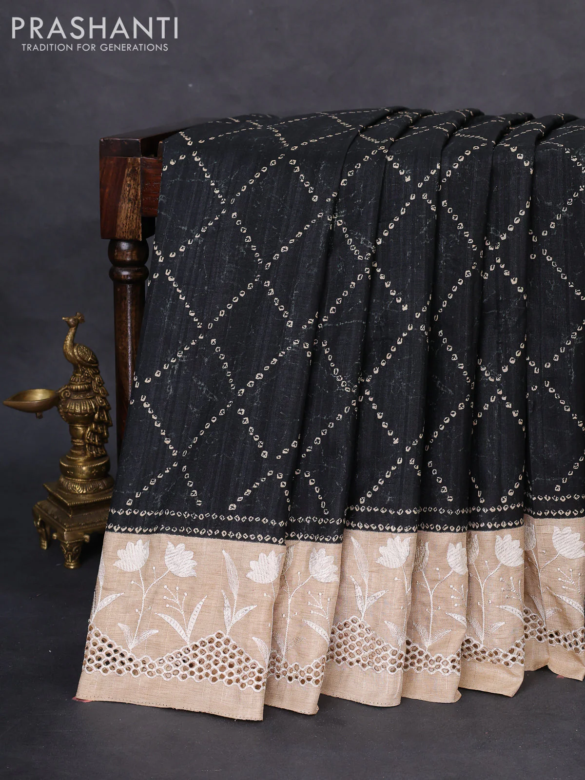 Semi tussar saree black and beige with allover bandhani prints and embroidery cut work border