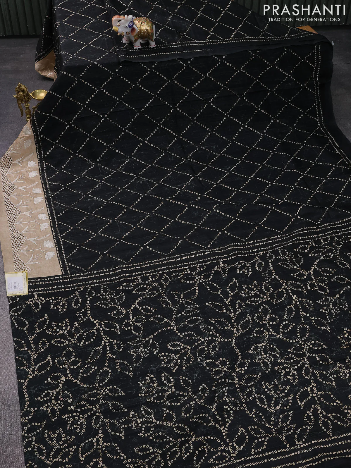 Semi tussar saree black and beige with allover bandhani prints and embroidery cut work border - Image 2
