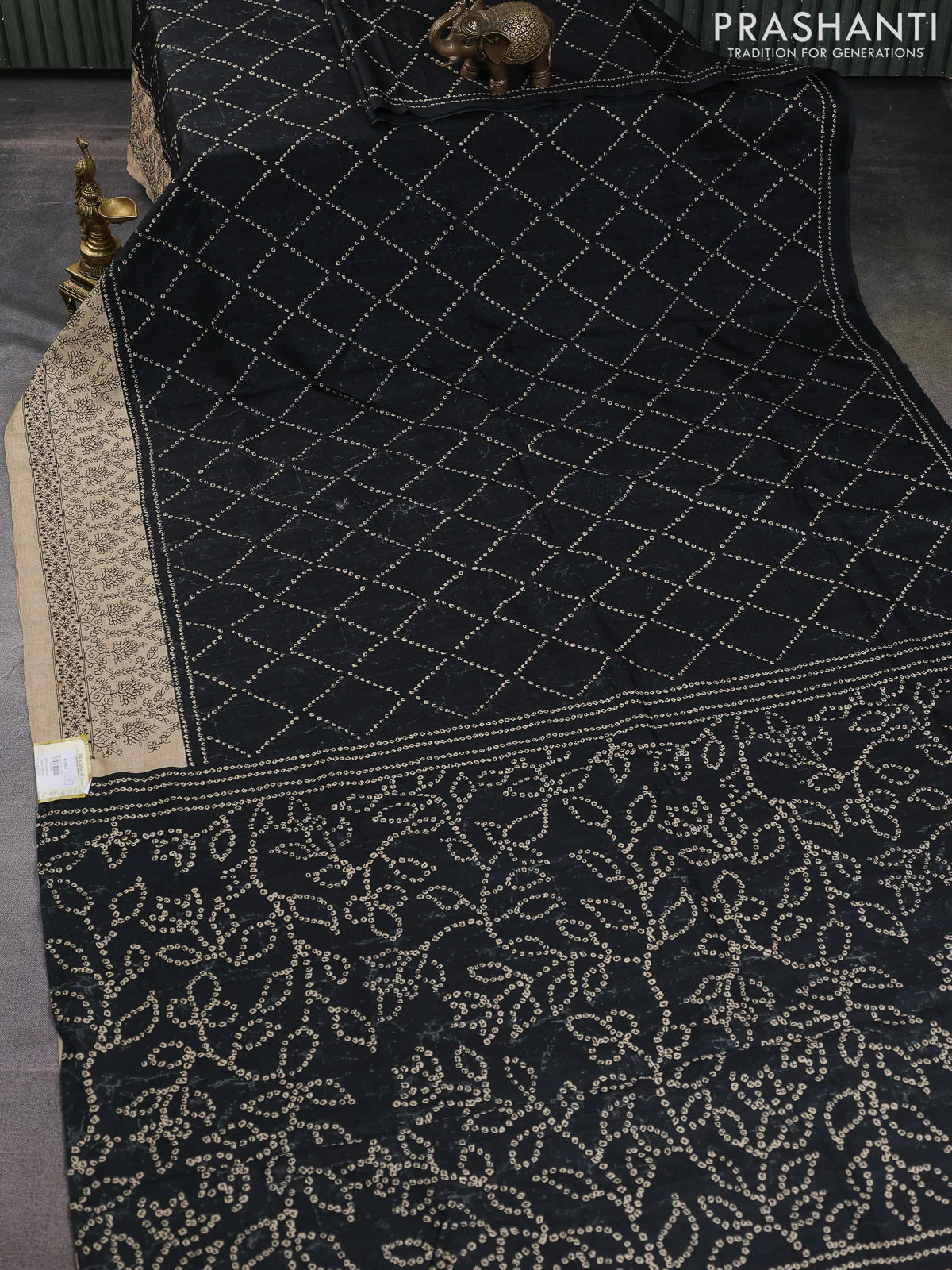 Semi tussar saree black and beige with allover bandhani prints and embroidery work border - Image 2