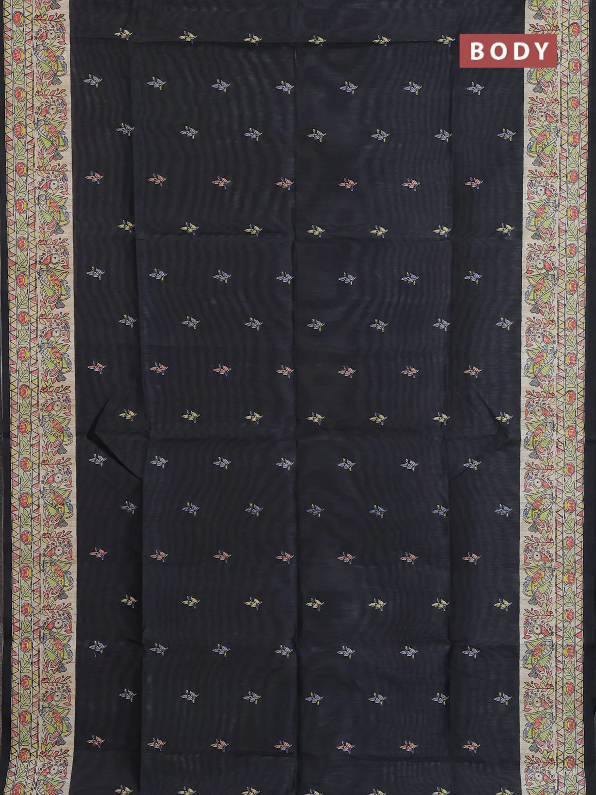 Semi tussar saree black and beige with allover butta prints and madhubani printed pallu & border - Image 2