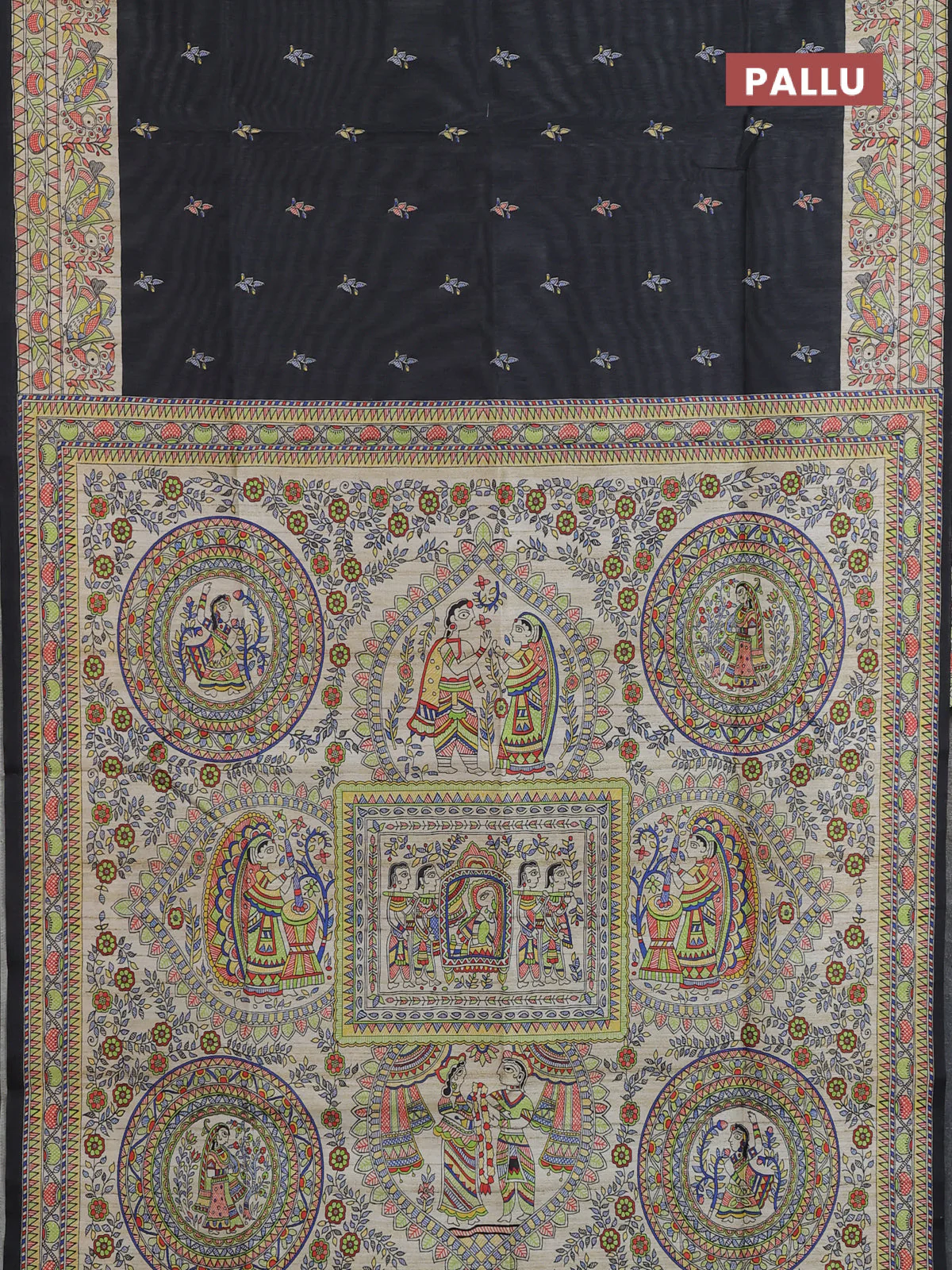 Semi tussar saree black and beige with allover butta prints and madhubani printed pallu & border - Image 3