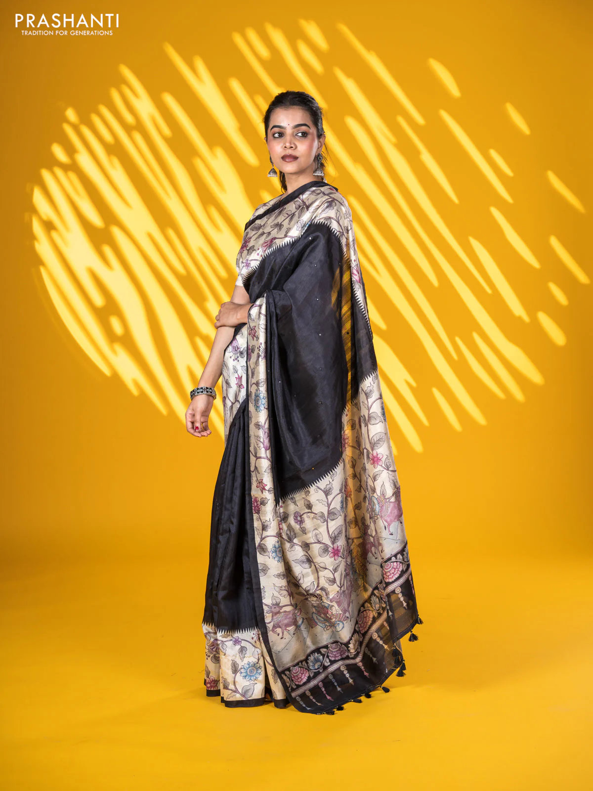 Semi tussar saree black and cream with allover mirror work and kalamkari printed border - Image 2