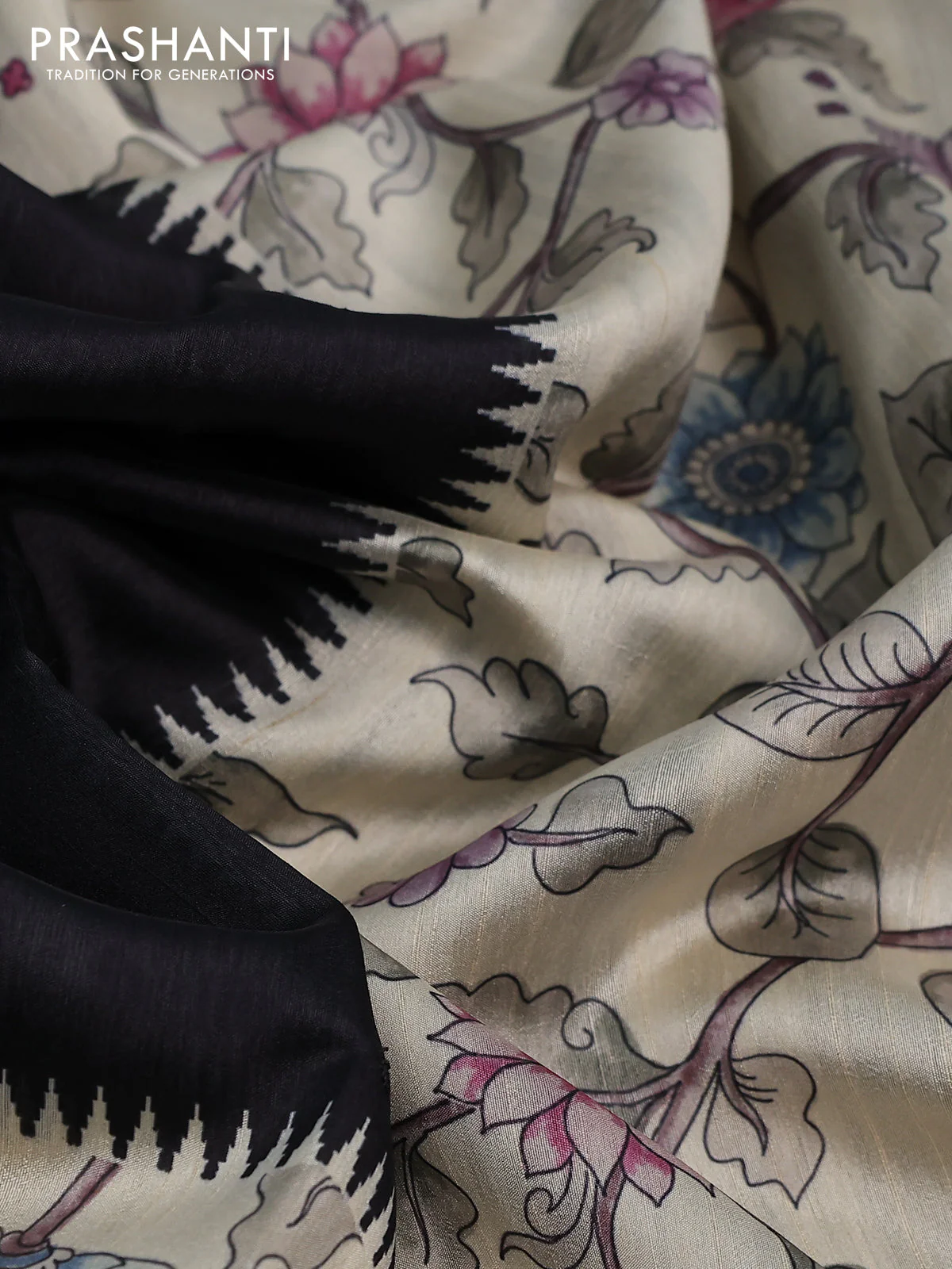 Semi tussar saree black and cream with allover mirror work and kalamkari printed border - Image 8
