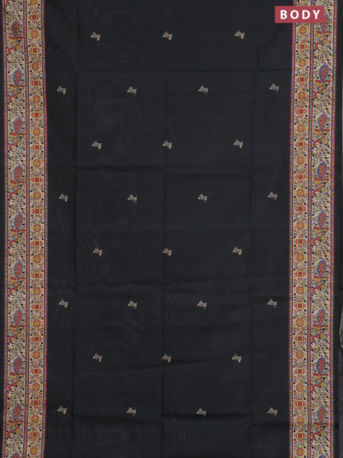 Semi tussar saree black and cream with butta prints and madhubani printed pallu & border - Image 2