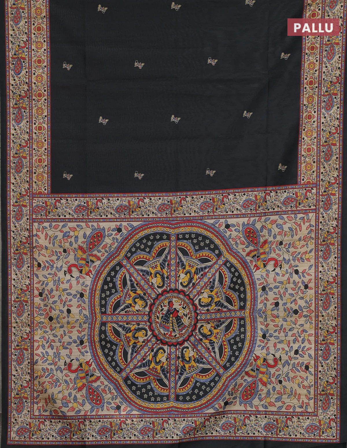 Semi tussar saree black and cream with butta prints and madhubani printed pallu & border - Image 3