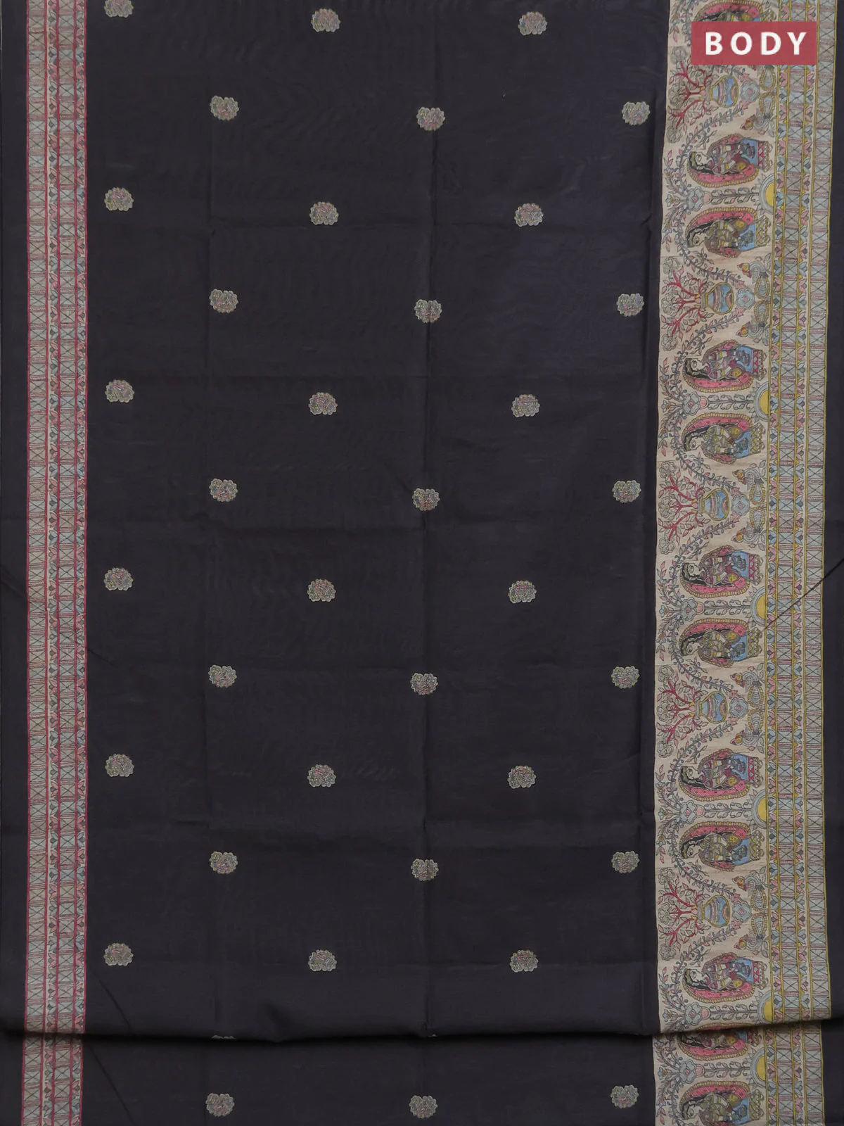 Semi tussar saree black and cream with paisley butta prints and madhubani printed pallu & border - Image 2