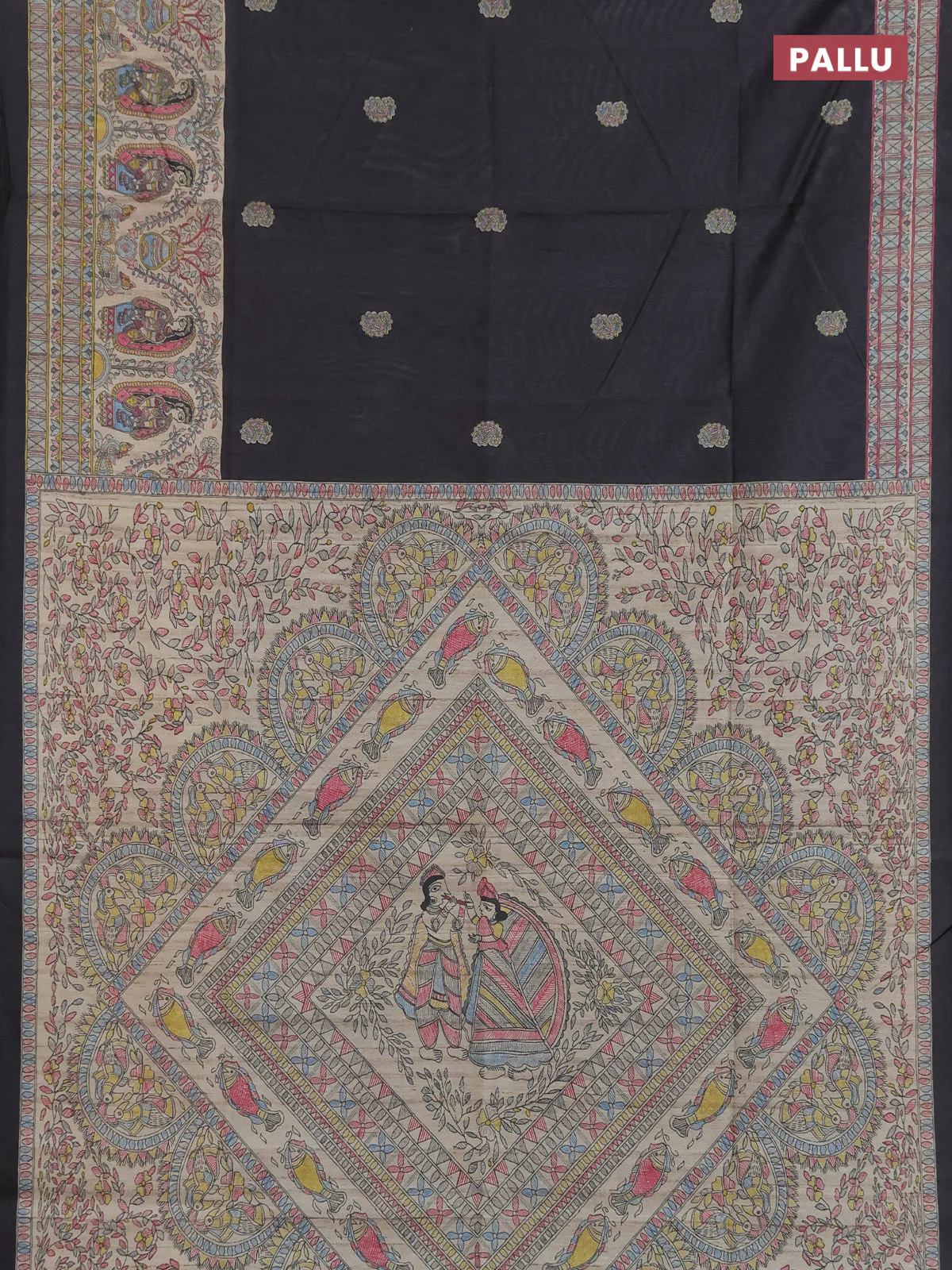 Semi tussar saree black and cream with paisley butta prints and madhubani printed pallu & border - Image 3