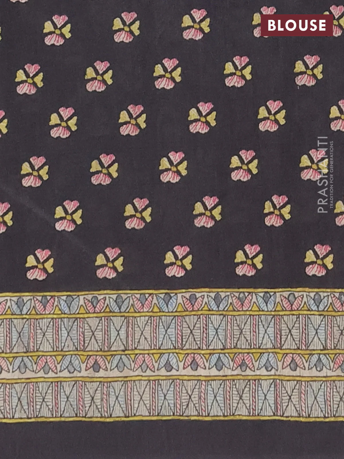 Semi tussar saree black and cream with paisley butta prints and madhubani printed pallu & border - Image 4