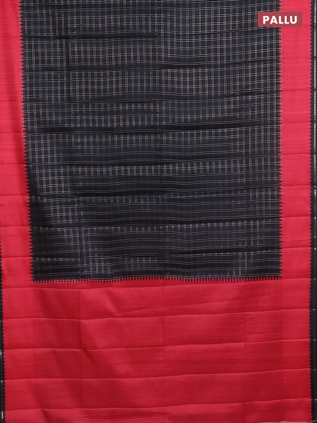 Semi tussar saree black and red with allover zari checked pattern and rettapet zari woven border - Image 3