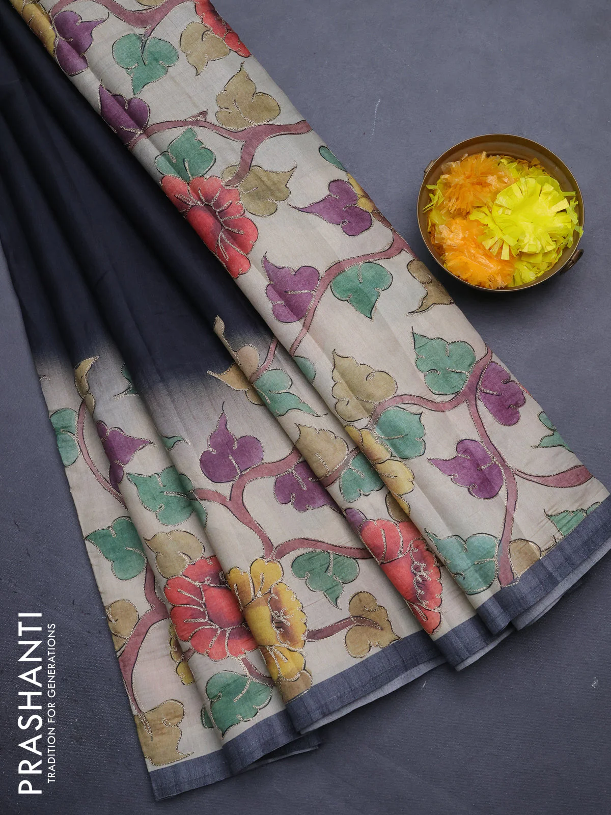 Semi tussar saree black and sandal with plain body and kalamkari prints & pita work border - Image 2