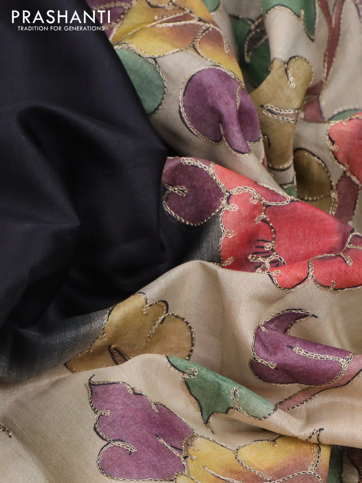 Semi tussar saree black and sandal with plain body and kalamkari prints & pita work border - Image 3