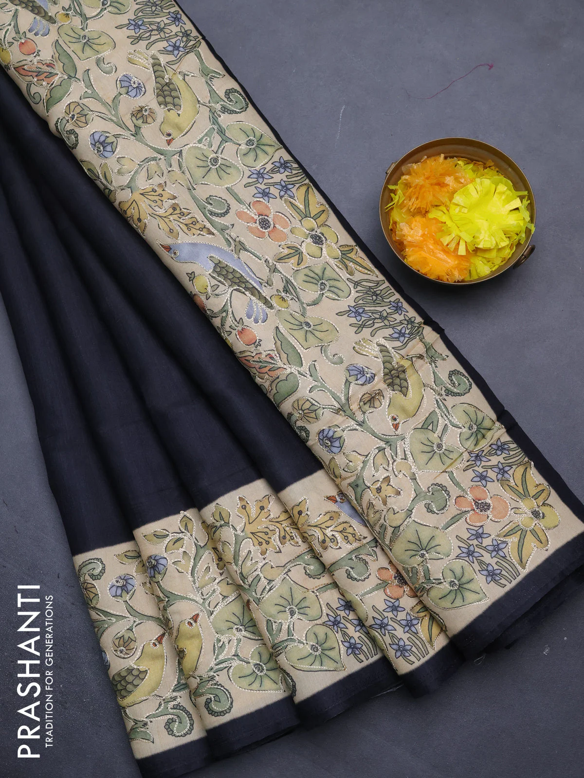 Semi tussar saree black and sandal with plain body and printed embroidery work border - Image 2