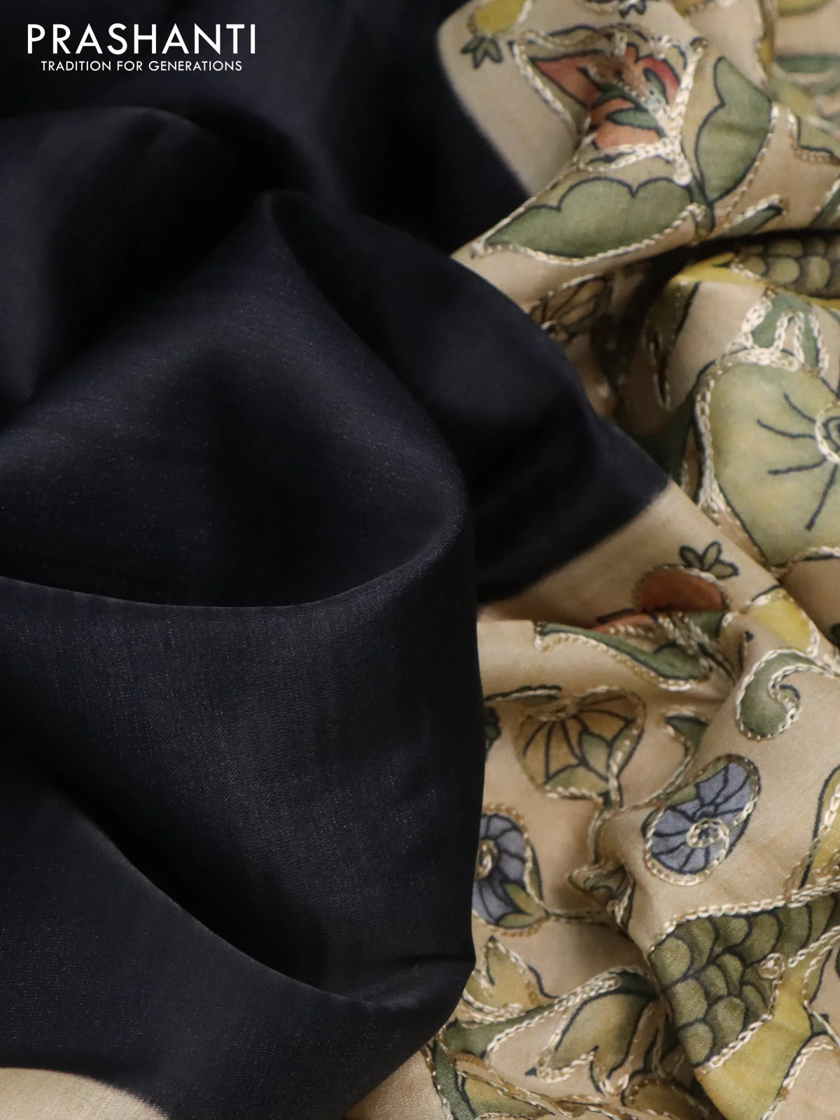 Semi tussar saree black and sandal with plain body and printed embroidery work border - Image 3