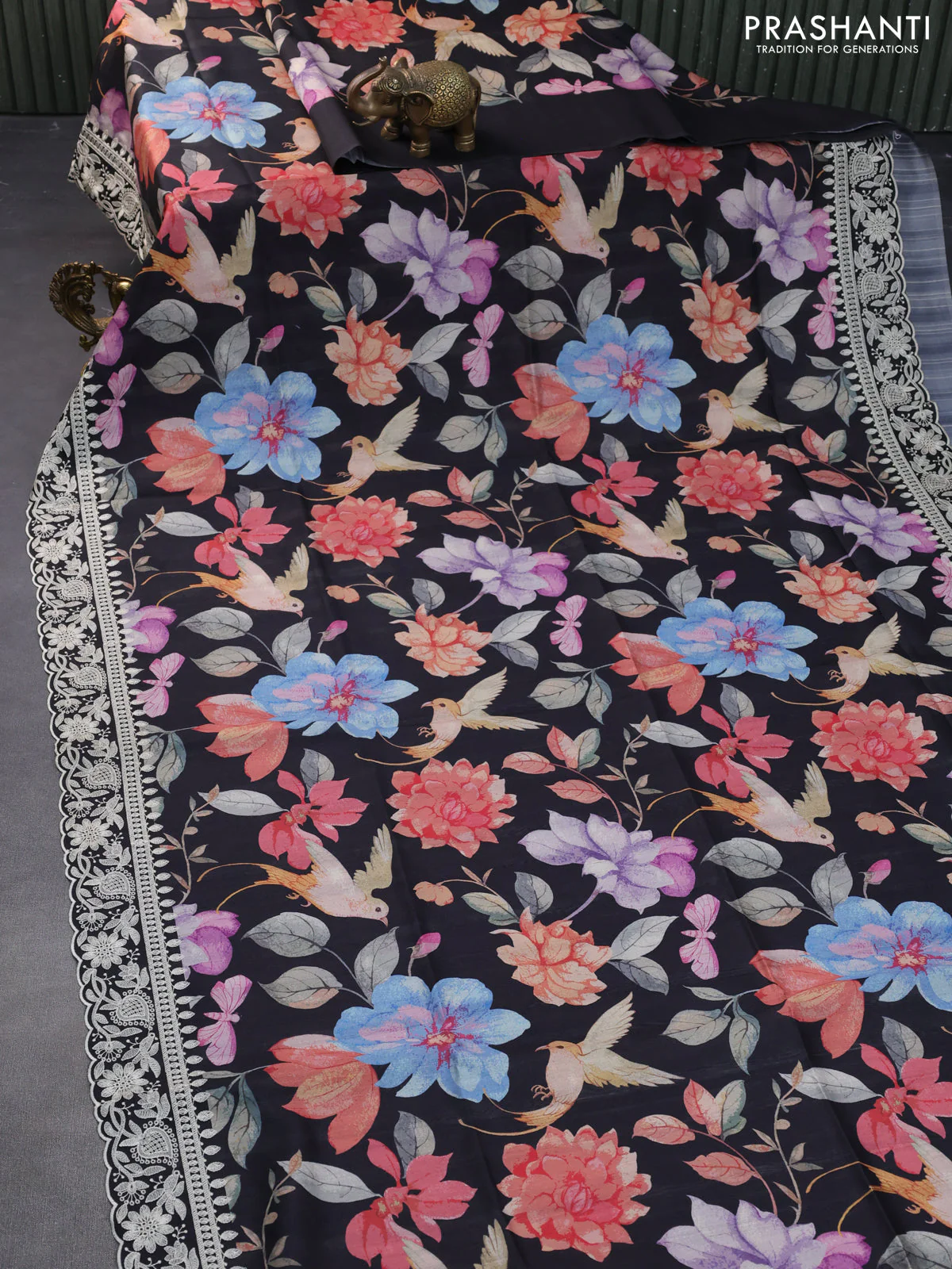 Semi tussar saree black with allover digital prints and chikankari work border - Image 2