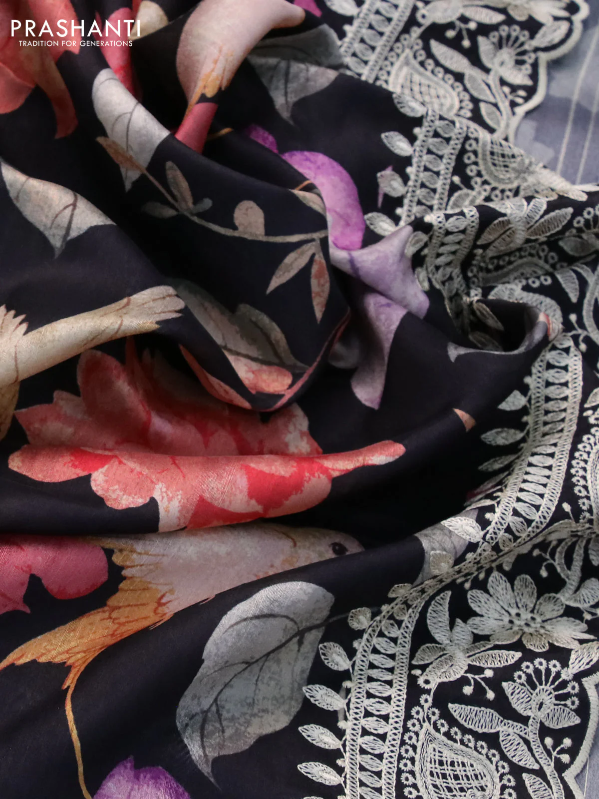 Semi tussar saree black with allover digital prints and chikankari work border - Image 3