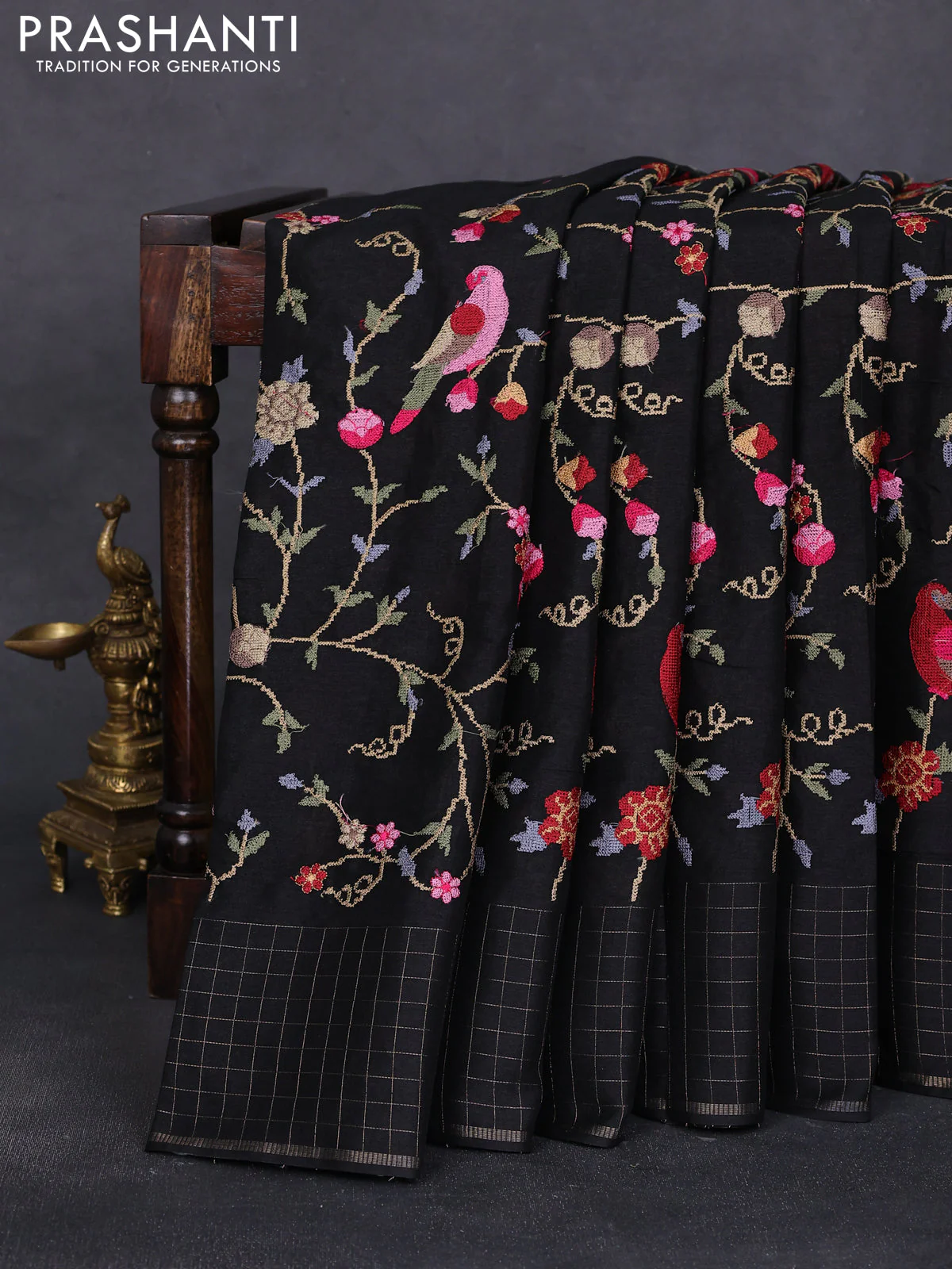Semi tussar saree black with allover embroidery design and zari woven border - Image 2
