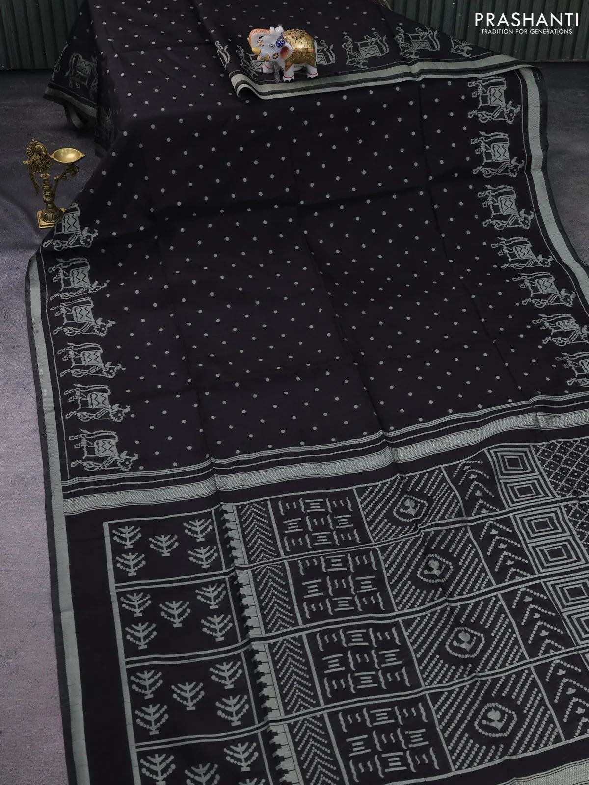 Semi tussar saree black with allover polka dot weaves and patola weaving pallu - Image 2