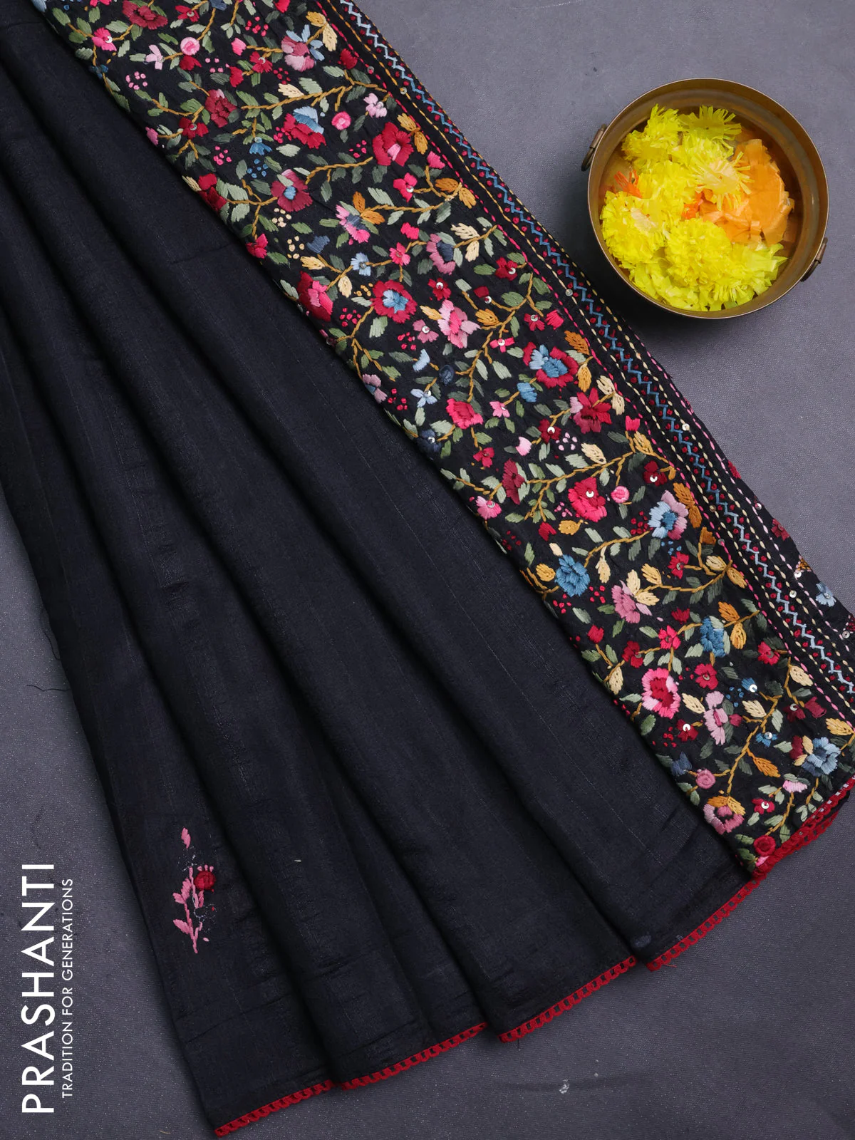 Semi tussar saree black with embroided buttas and embroidery pallu