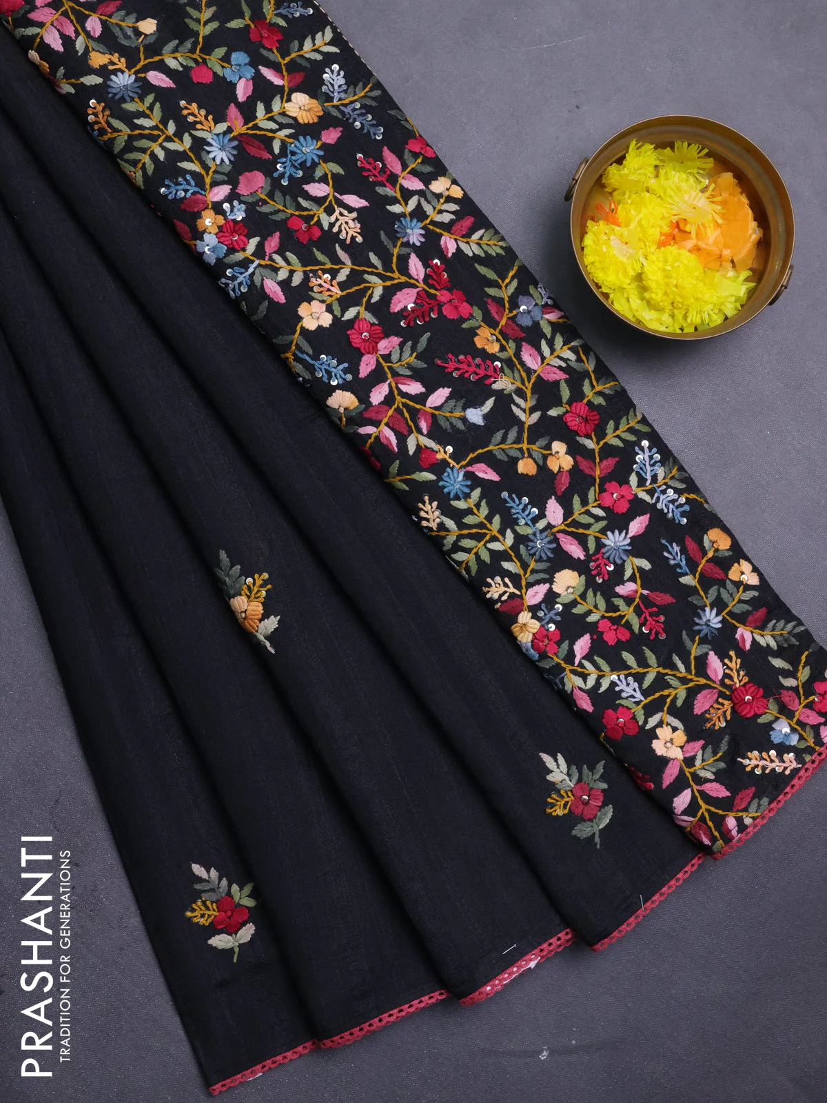 Semi tussar saree black with embroided buttas and embroidery pallu