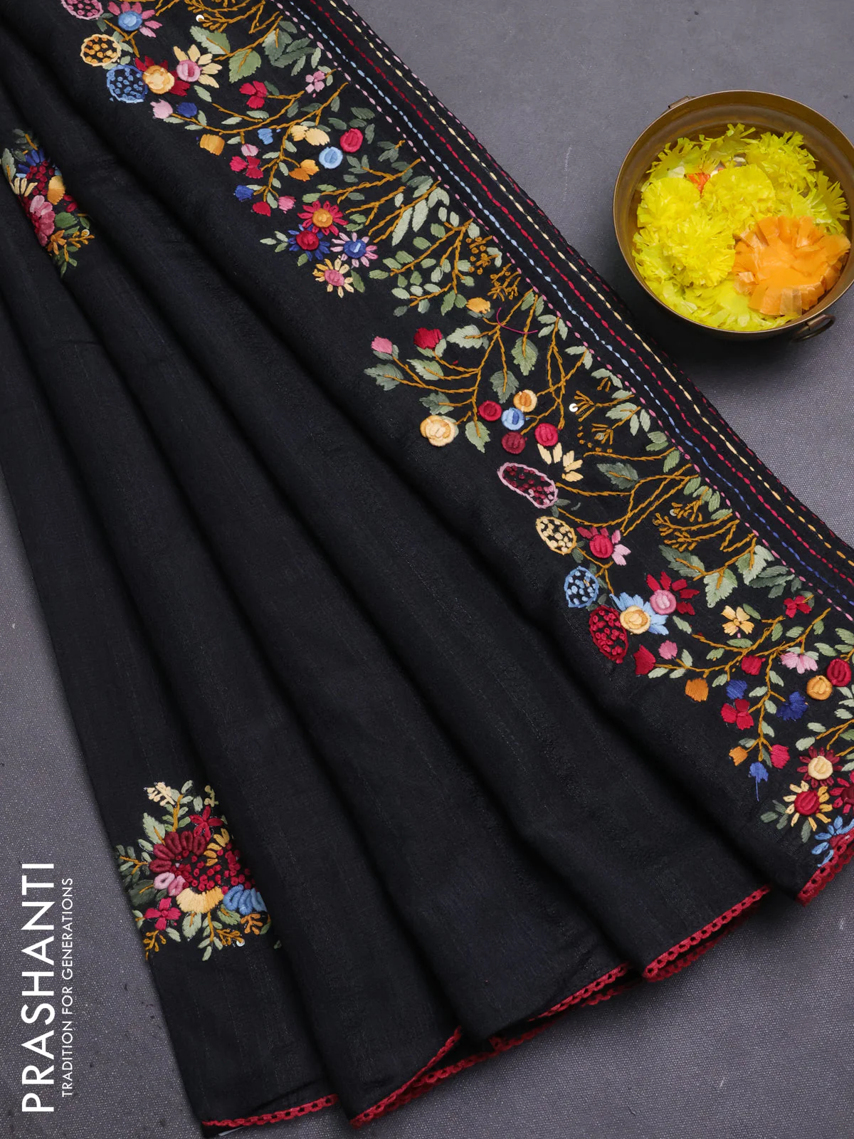 Semi tussar saree black with embroided buttas and embroidery pallu