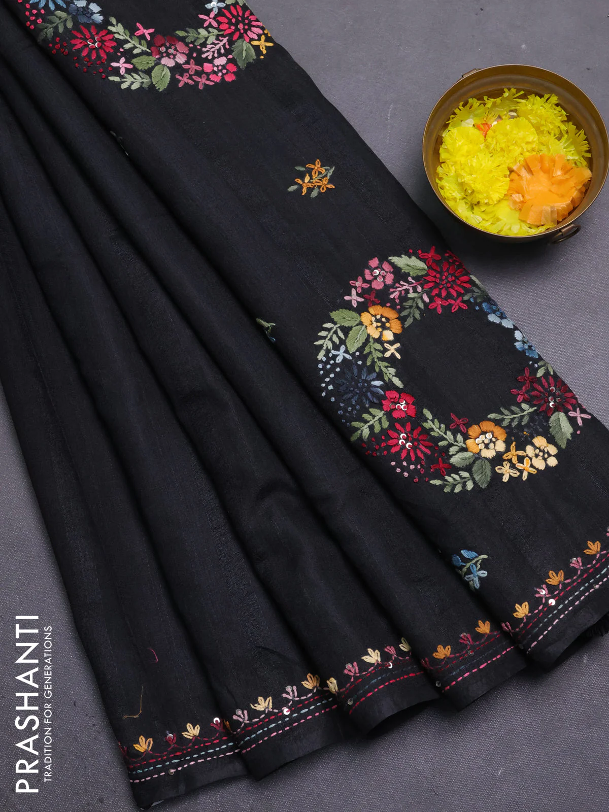 Semi tussar saree black with embroided buttas and embroidery pallu