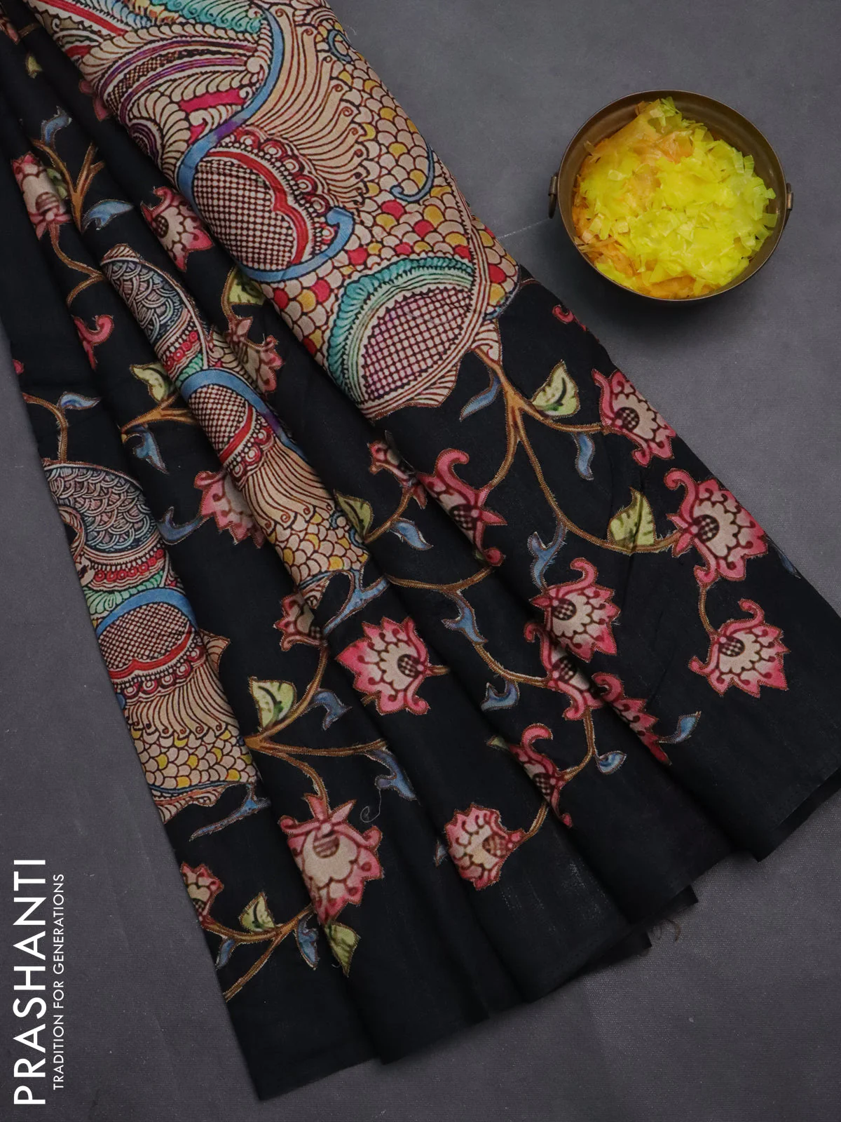 Semi tussar saree black with kalamkari applique work - Image 2