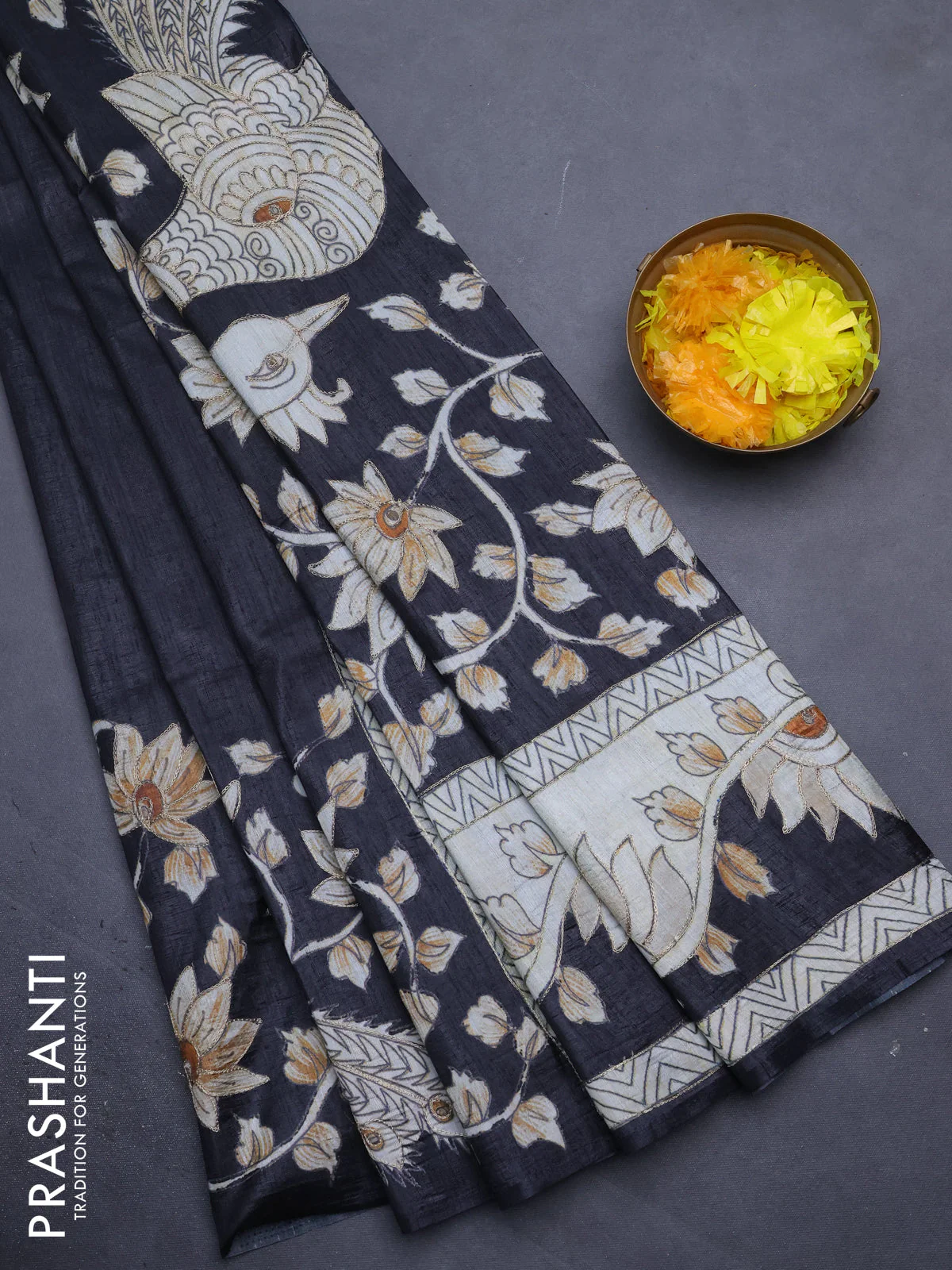 Semi tussar saree black with kalamkari prints & pita work in borderless style - Image 2