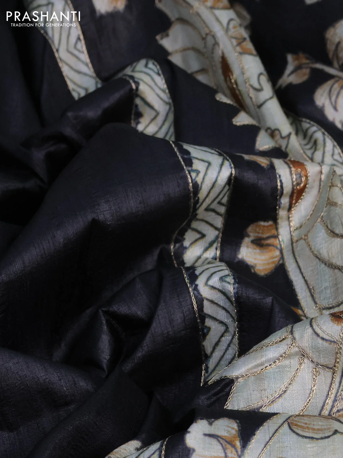 Semi tussar saree black with kalamkari prints & pita work in borderless style - Image 3