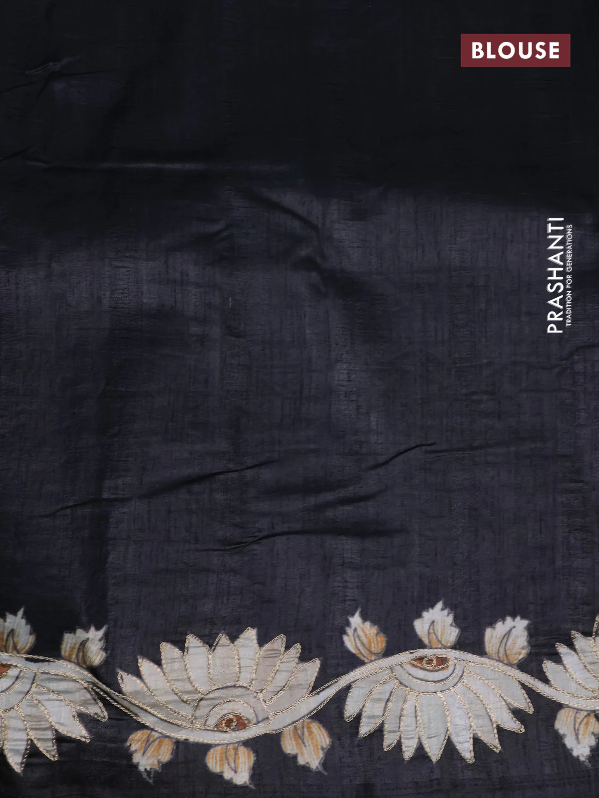 Semi tussar saree black with kalamkari prints & pita work in borderless style - Image 4