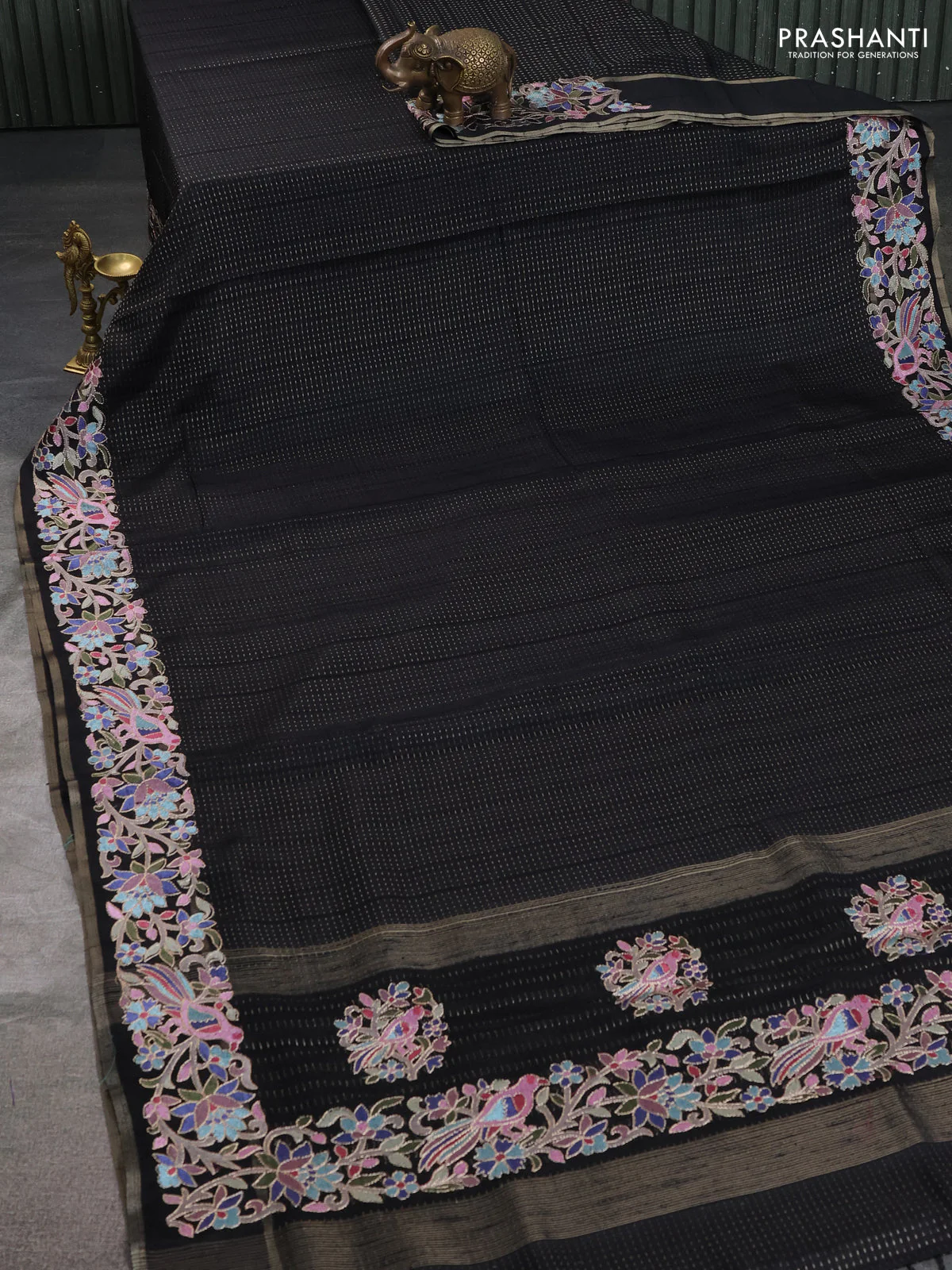 Semi tussar saree black with zari weaves and embroidery border - Image 2