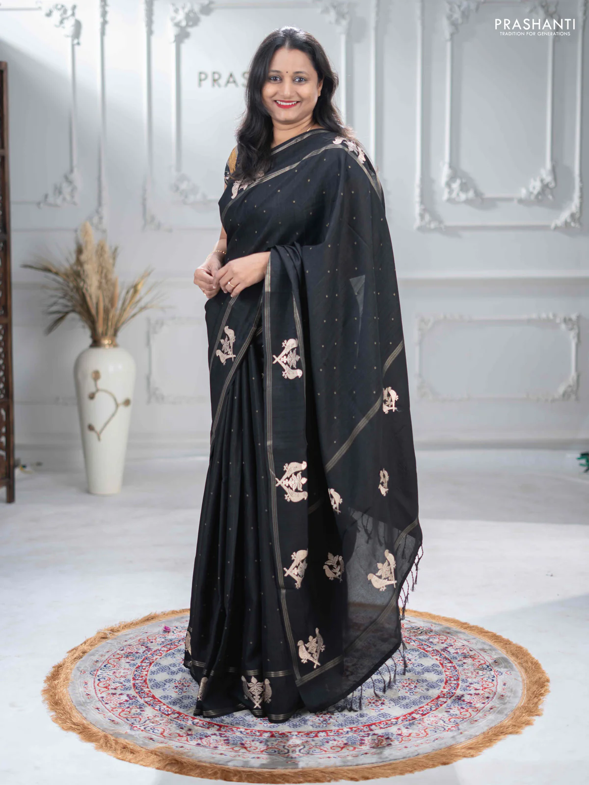 Semi tussar saree black with zari woven buttas and zari woven embroidery butta border - Image 2