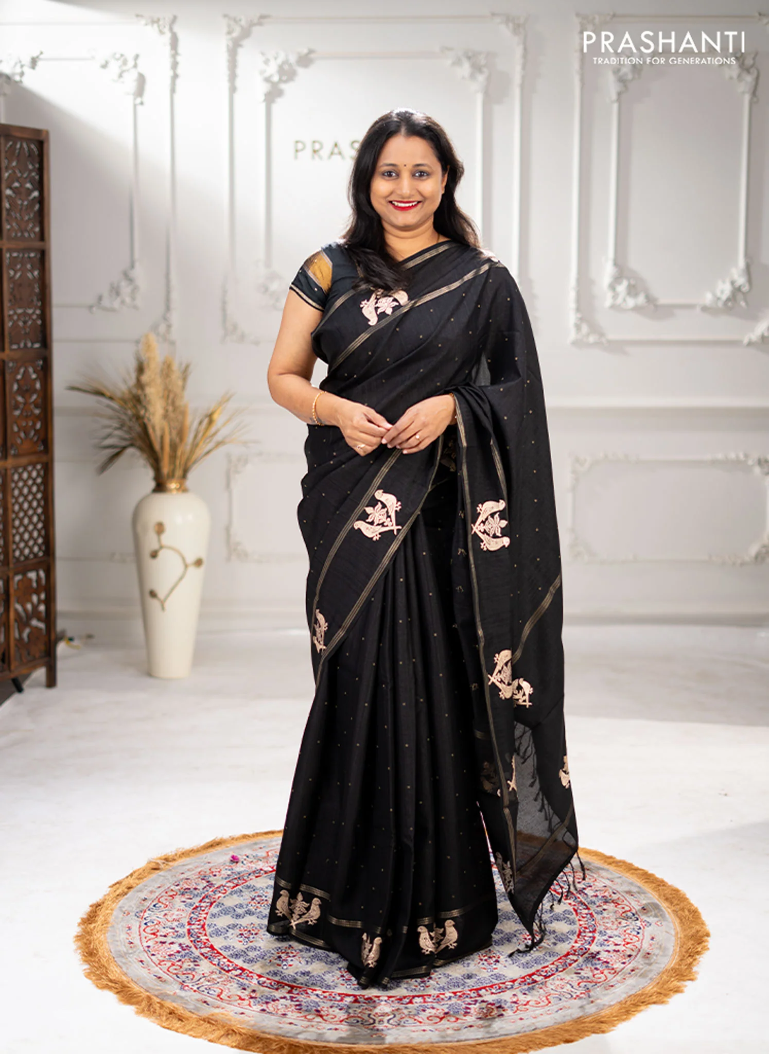 Semi tussar saree black with zari woven buttas and zari woven embroidery butta border - Image 3
