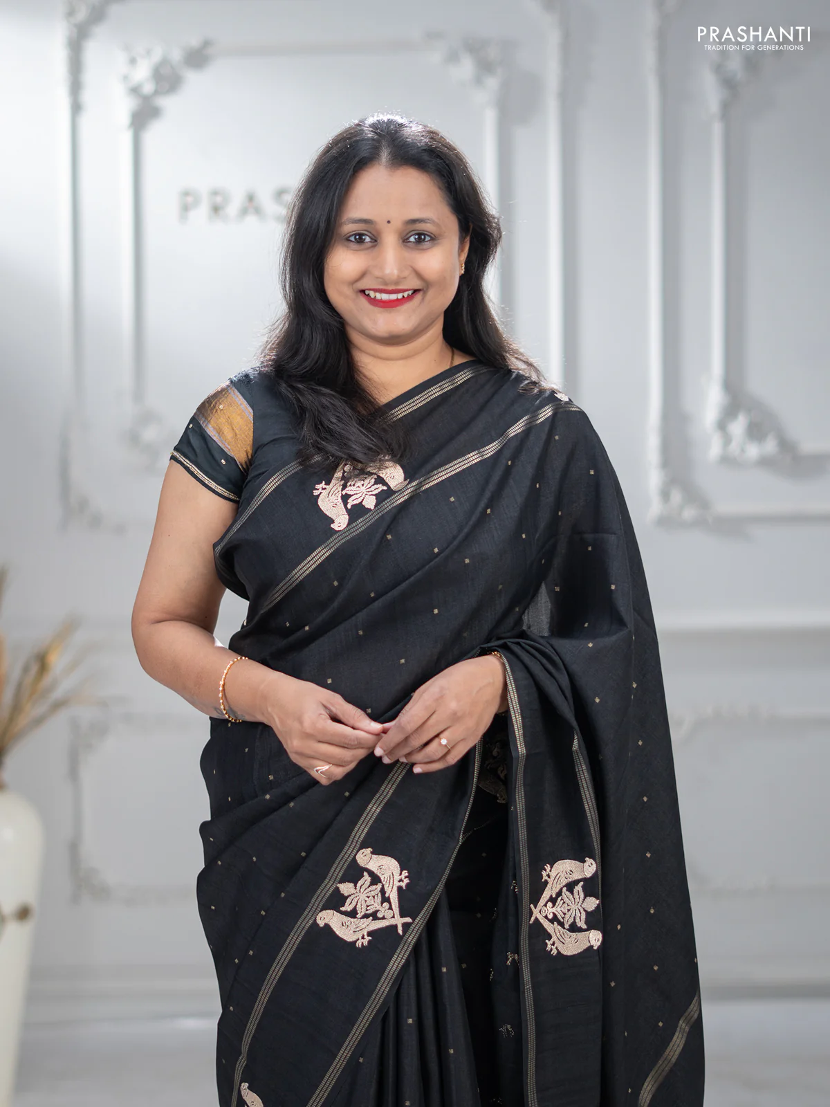 Semi tussar saree black with zari woven buttas and zari woven embroidery butta border - Image 4