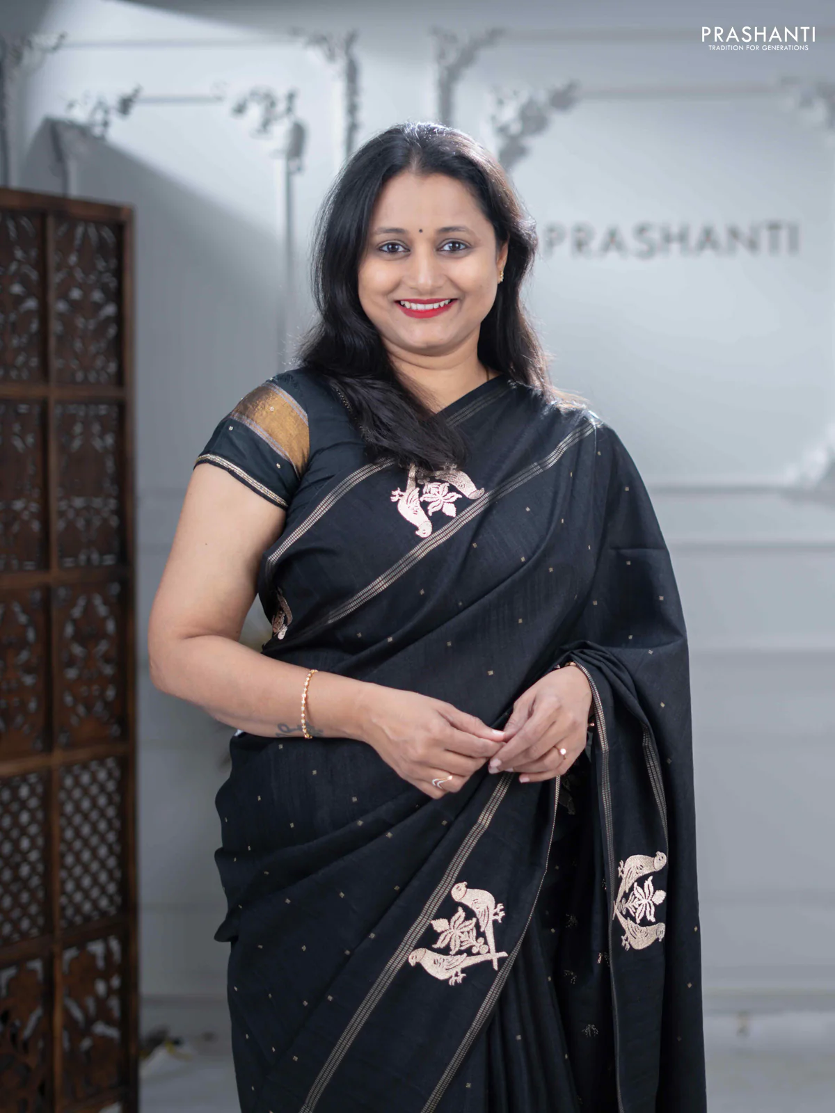 Semi tussar saree black with zari woven buttas and zari woven embroidery butta border - Image 5