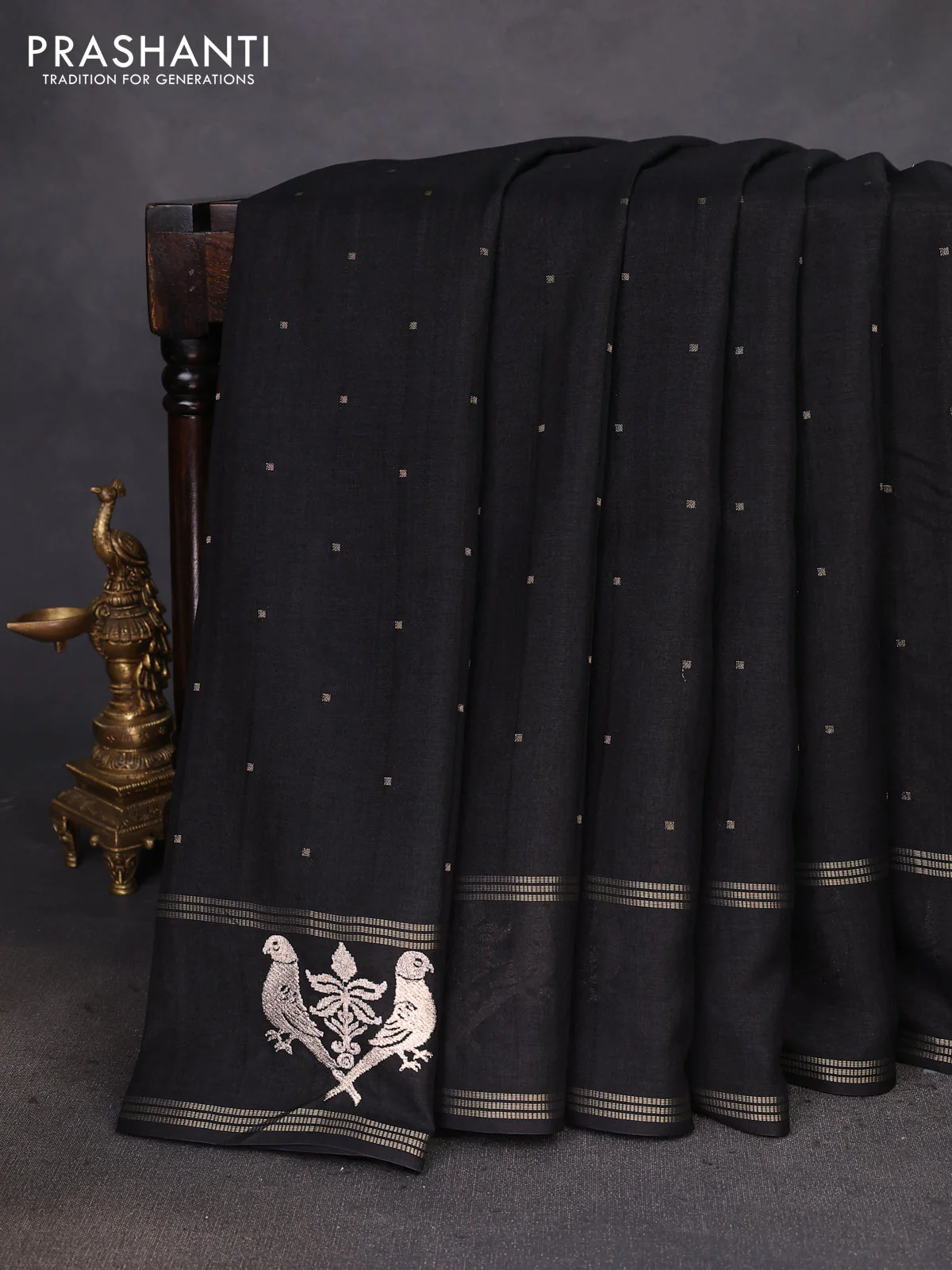 Semi tussar saree black with zari woven buttas and zari woven embroidery butta border - Image 6
