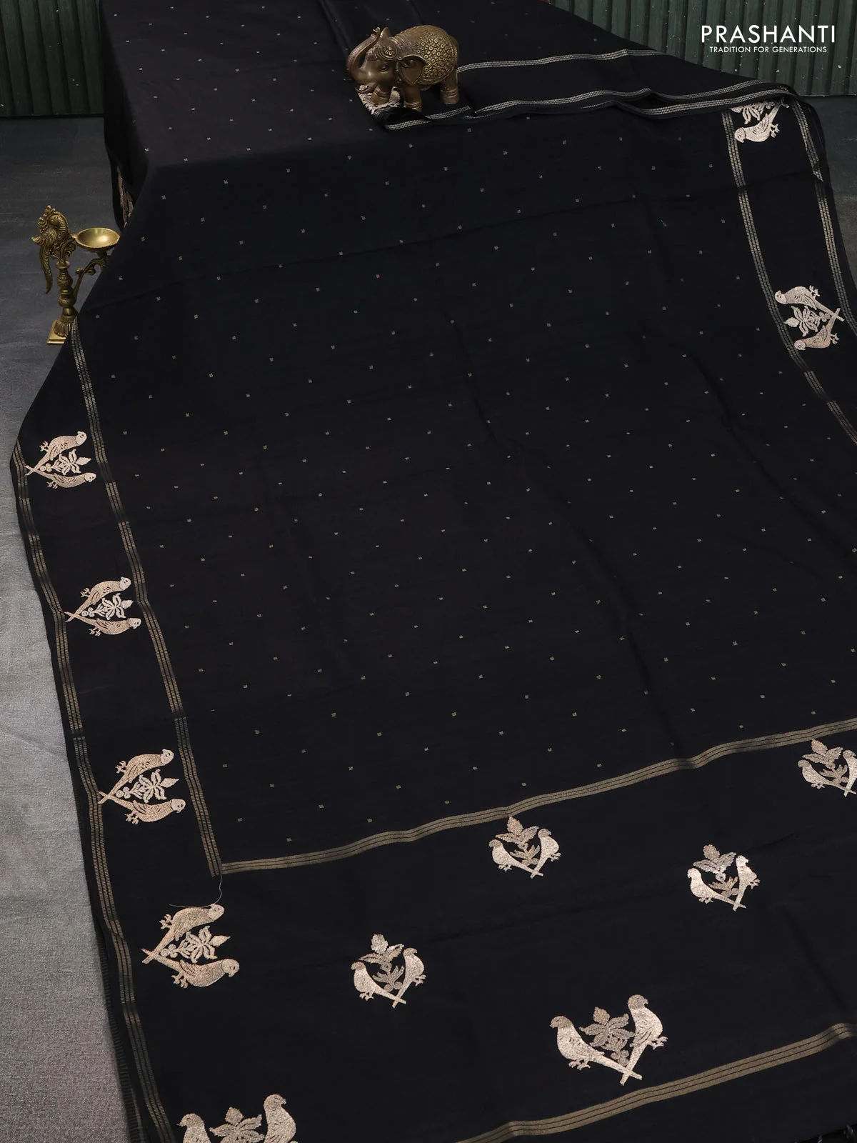 Semi tussar saree black with zari woven buttas and zari woven embroidery butta border - Image 7