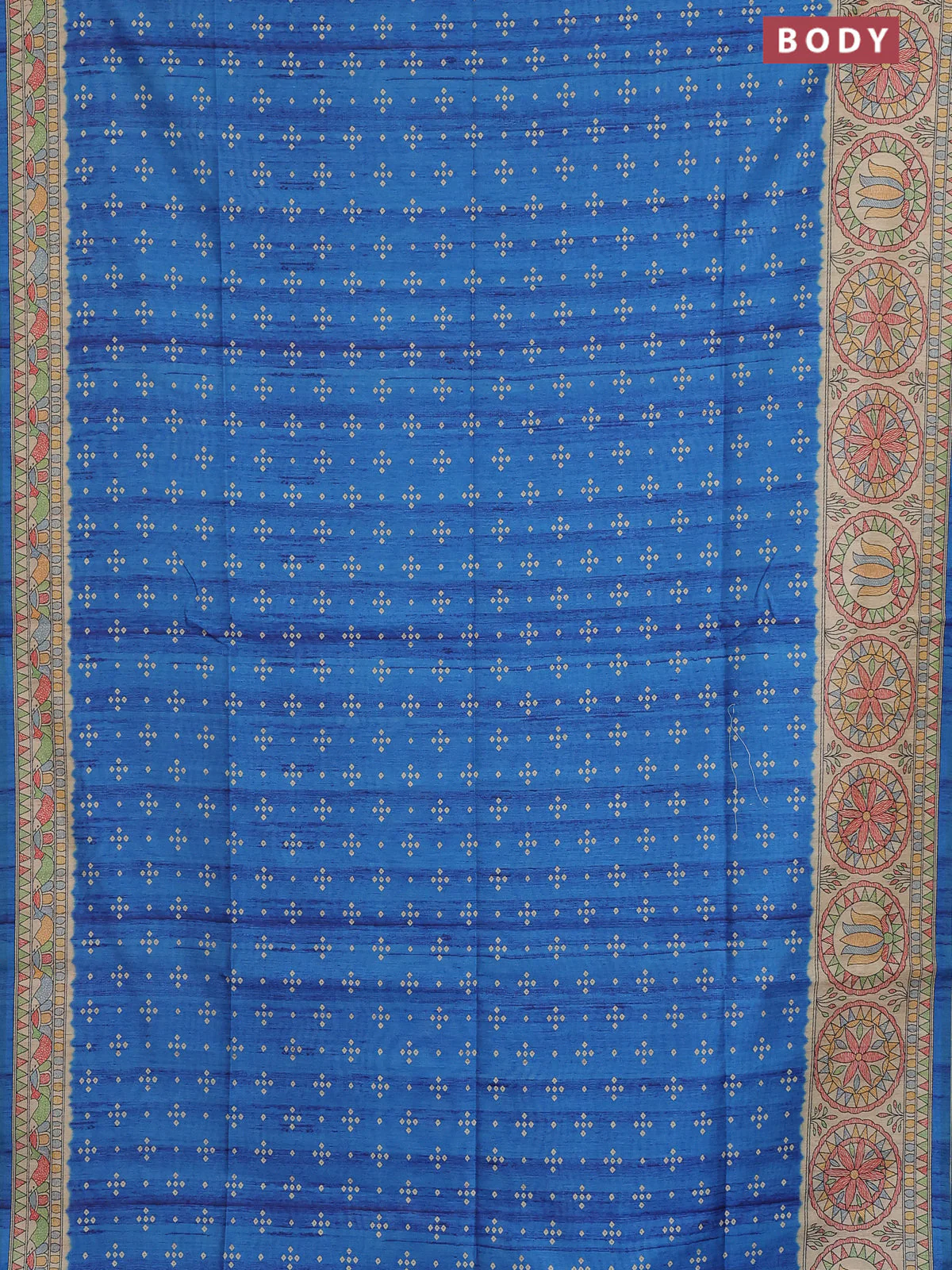 Semi tussar saree blue and beige with allover bandhani prints and madhubani printed pallu & border - Image 2