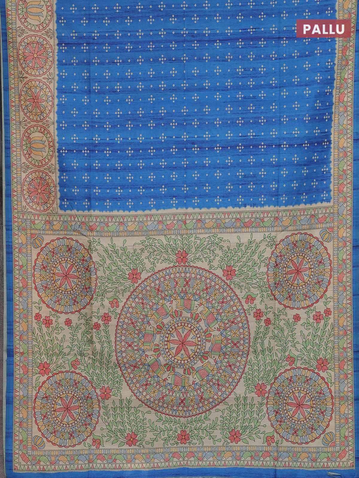 Semi tussar saree blue and beige with allover bandhani prints and madhubani printed pallu & border - Image 3