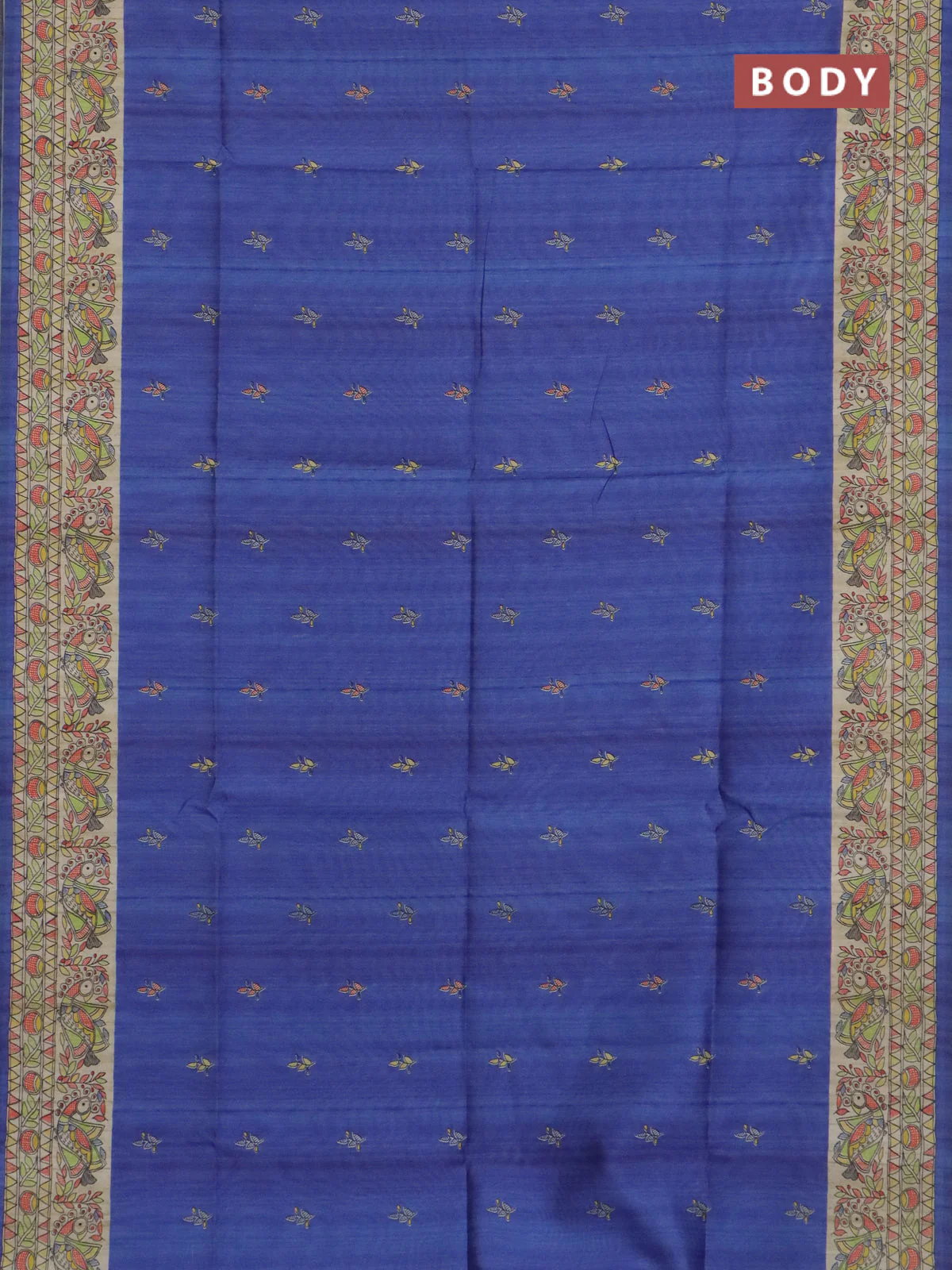 Semi tussar saree blue and beige with allover butta prints and madhubani printed pallu & border - Image 2