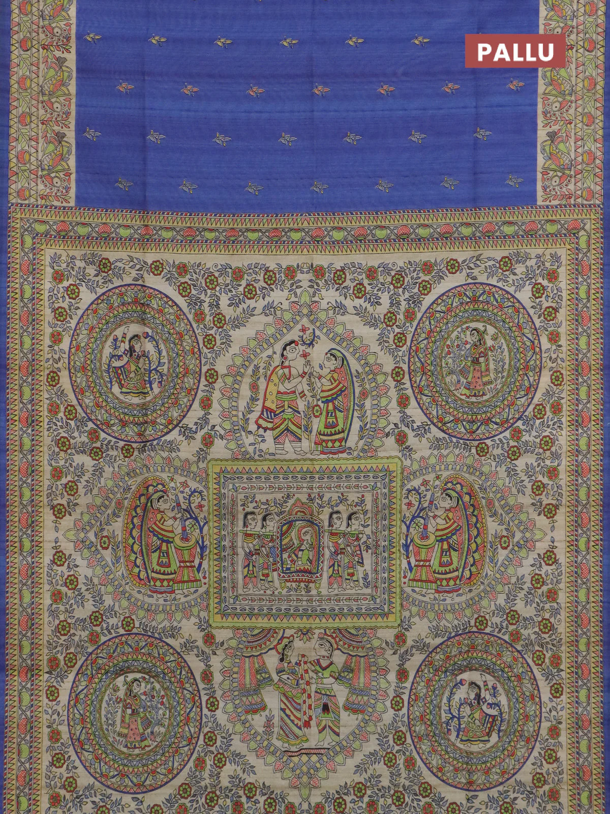 Semi tussar saree blue and beige with allover butta prints and madhubani printed pallu & border - Image 3