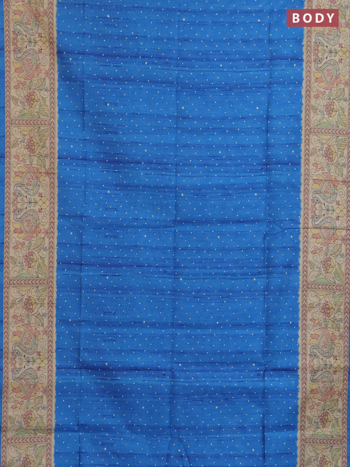 Semi tussar saree blue and beige with allover butta prints and madhubani printed pallu & border - Image 2