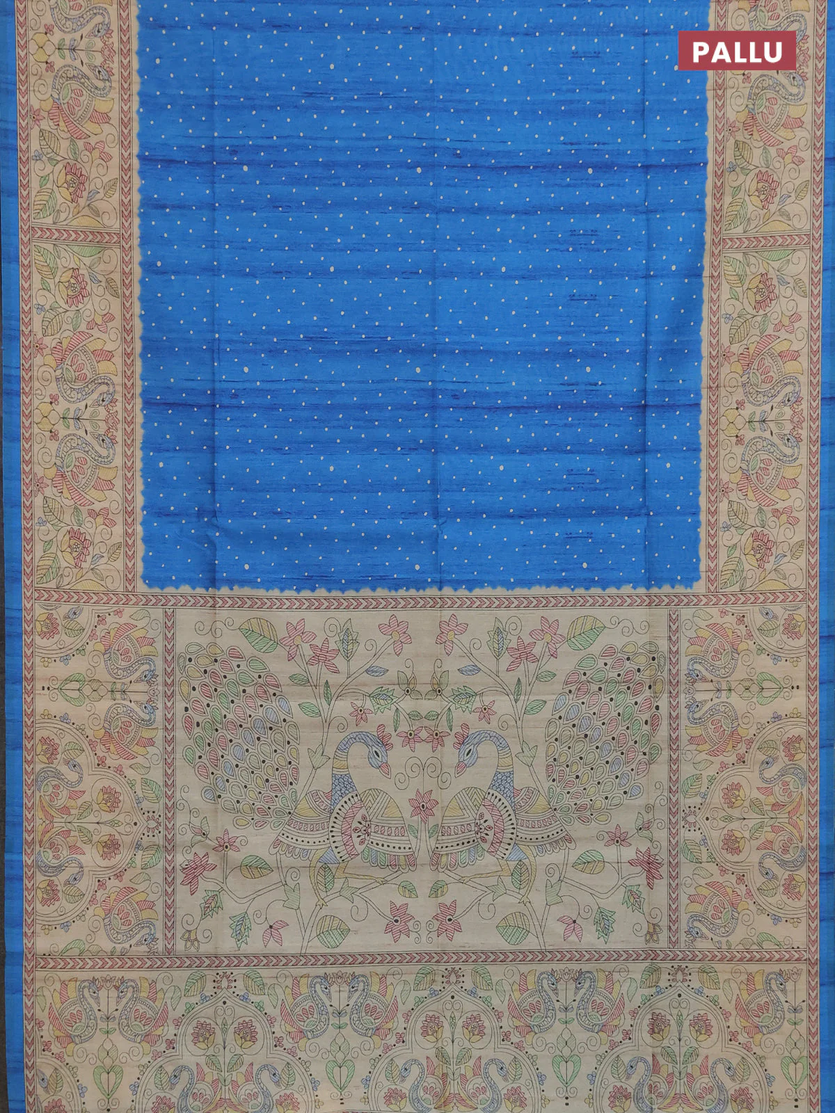 Semi tussar saree blue and beige with allover butta prints and madhubani printed pallu & border - Image 3