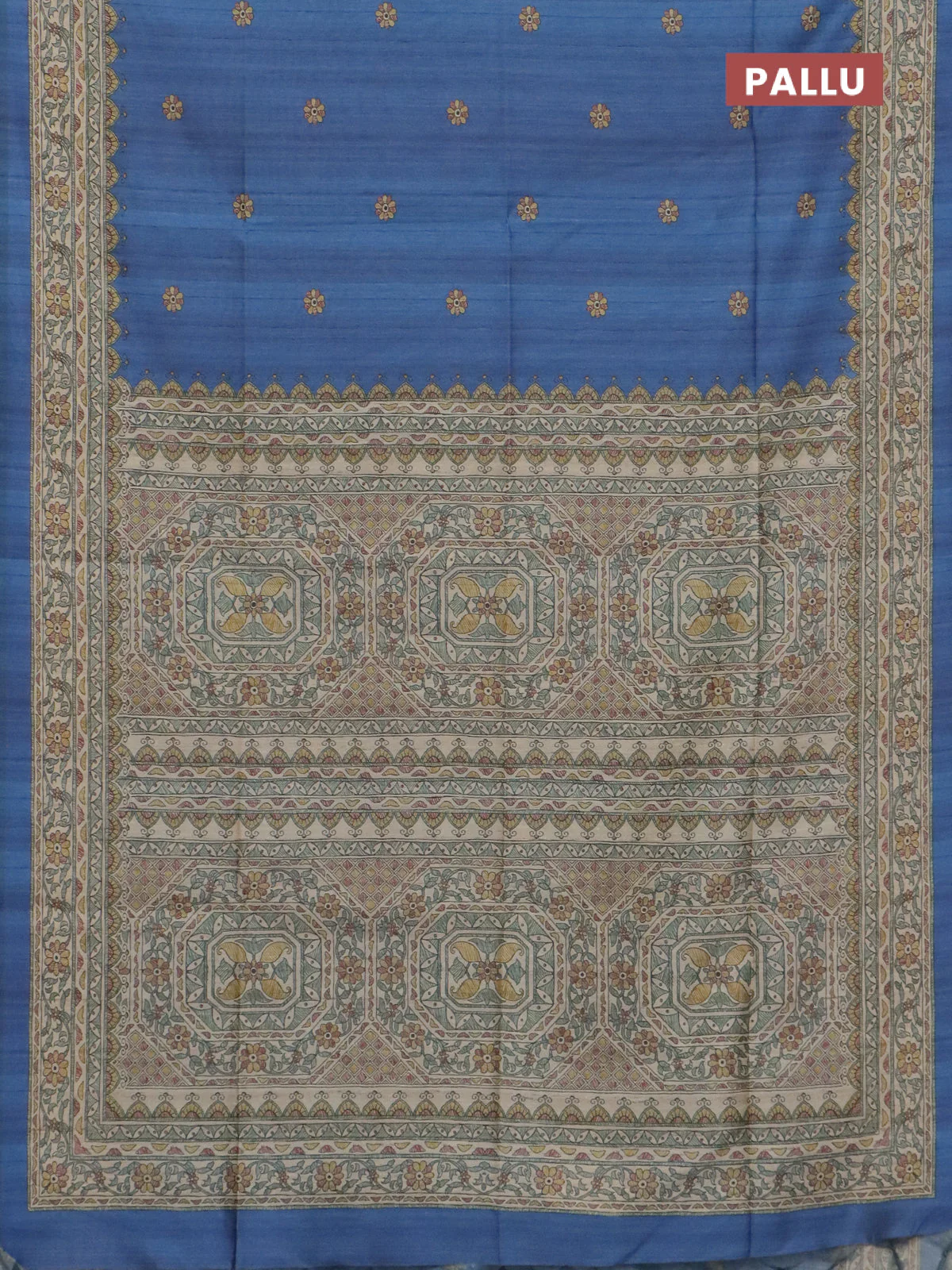 Semi tussar saree blue and beige with allover butta prints and madhubani printed pallu & border - Image 3