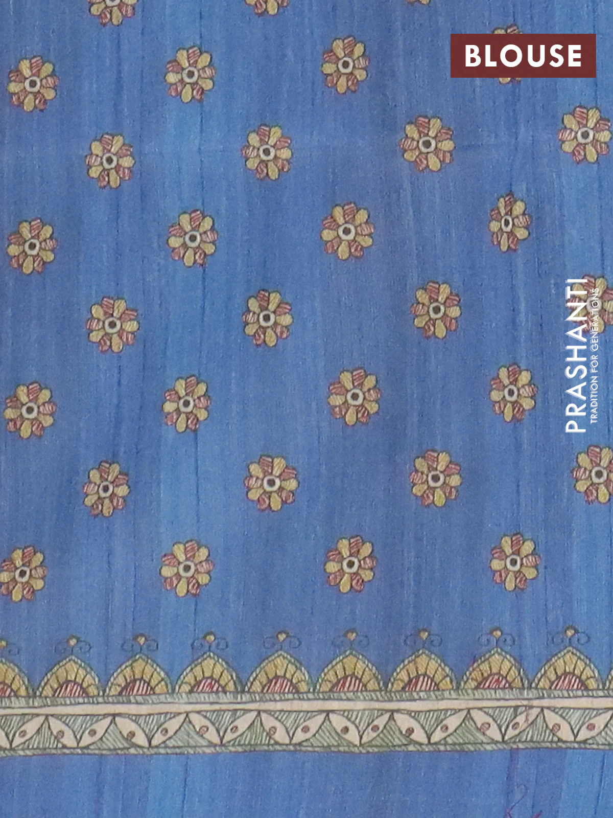Semi tussar saree blue and beige with allover butta prints and madhubani printed pallu & border - Image 4
