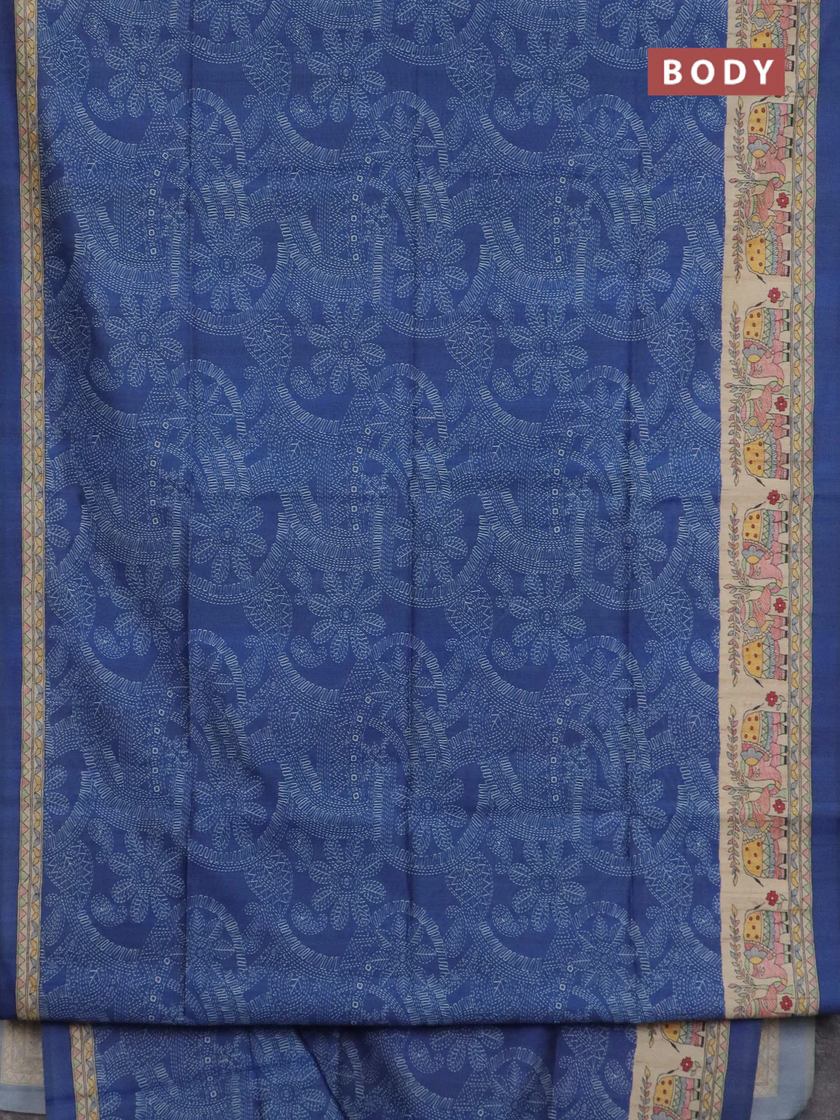 Semi tussar saree blue and beige with allover prints and madhubani printed pallu & border - Image 2