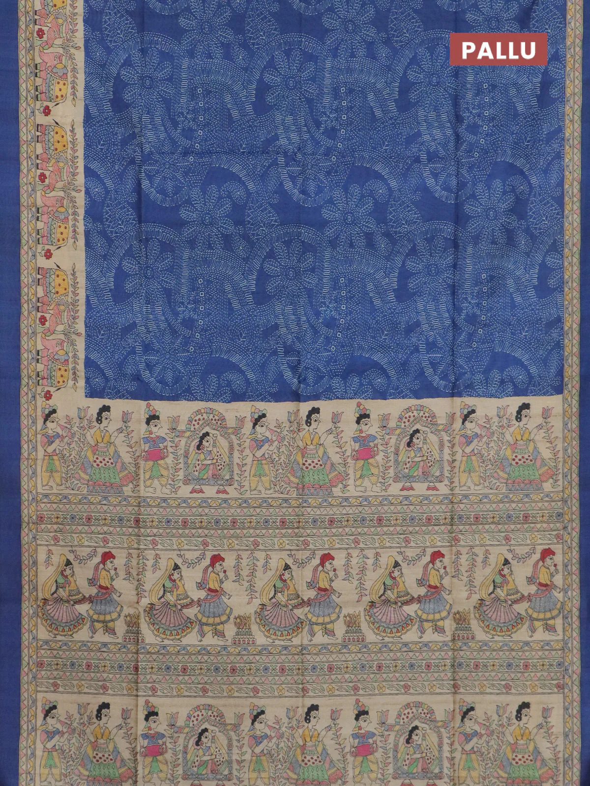 Semi tussar saree blue and beige with allover prints and madhubani printed pallu & border - Image 3