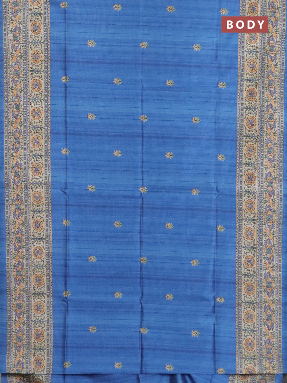 Semi tussar saree blue and beige with butta prints and madhubani printed pallu & border - Image 2